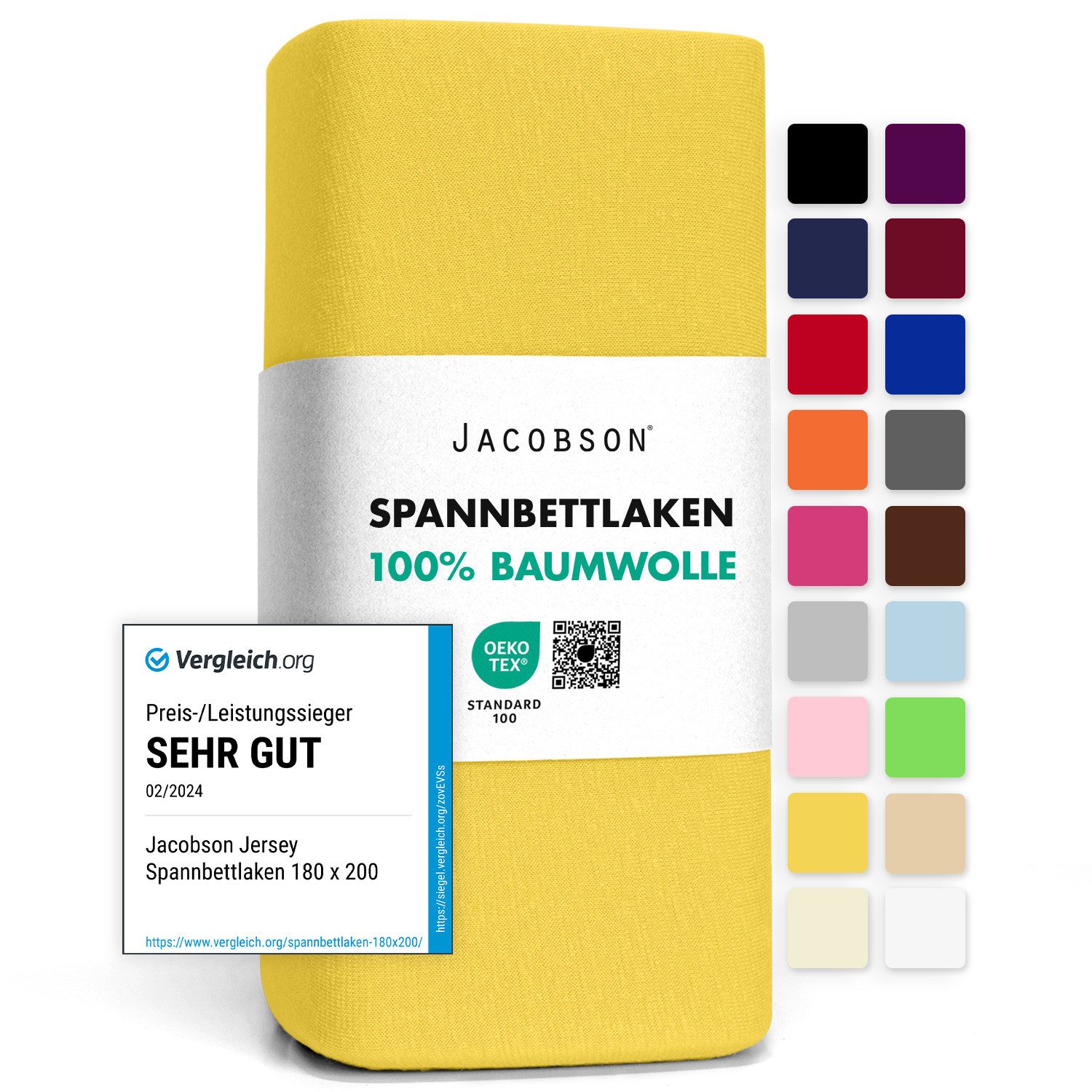 Jacobson Spannbettlaken aus 100% Baumwolle, Jersey Bettlaken 160 g/m², Spannbetttuch mit Gummizug, pflegeleicht & viele Farben