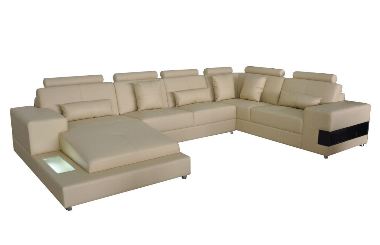 JVmoebel Ecksofa Ledersofa Couch Wohnlandschaft Eck Garnitur Modern Sofa U-Form mit USB Beige