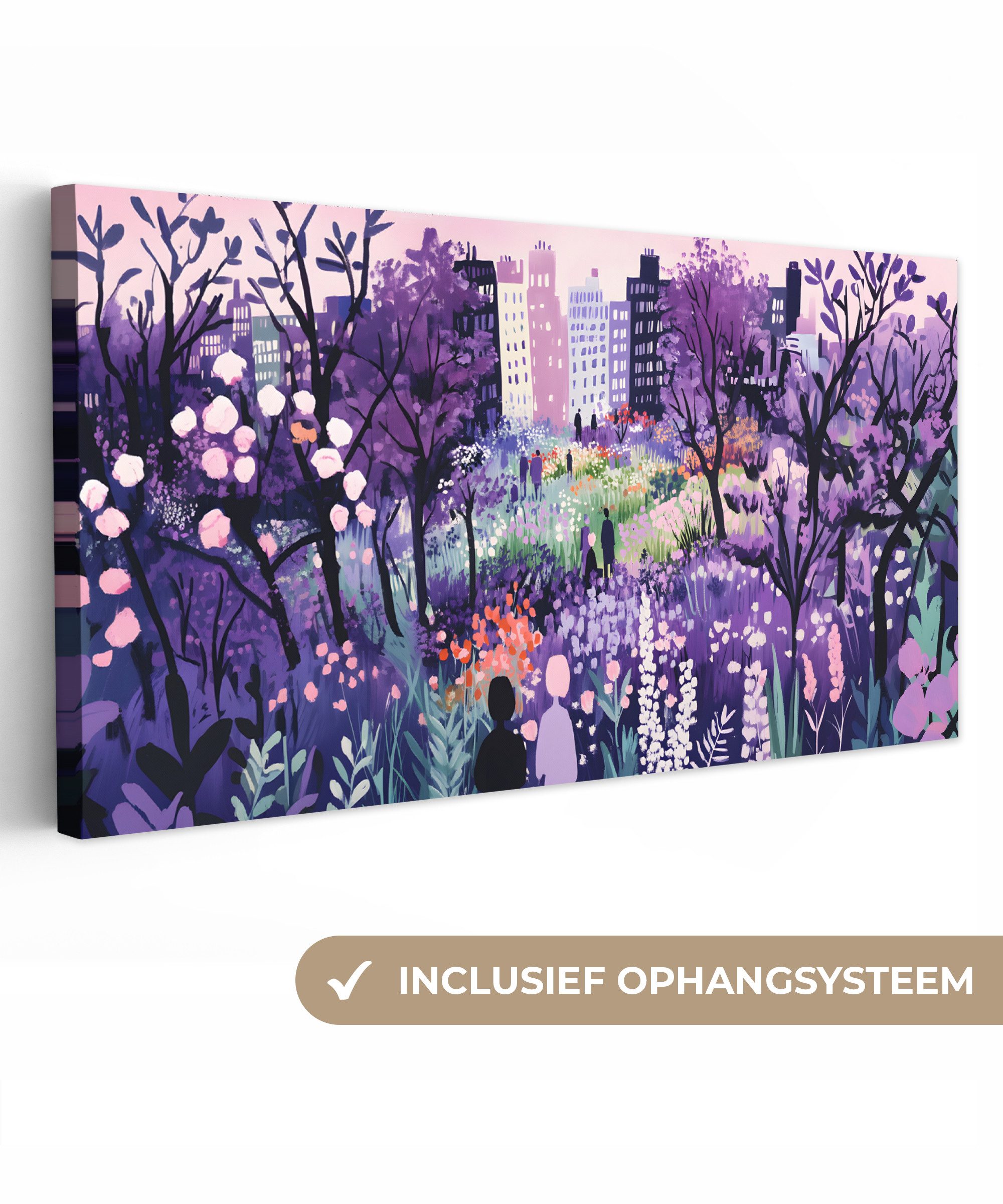 OneMillionCanvasses® Leinwandbild Panorama Park - Bäume - Blumen - Gebäude, Fotodruck (1 St), Wandbild, Deko Schlafzimmer Wohnzimmer Flur 40x20 cm