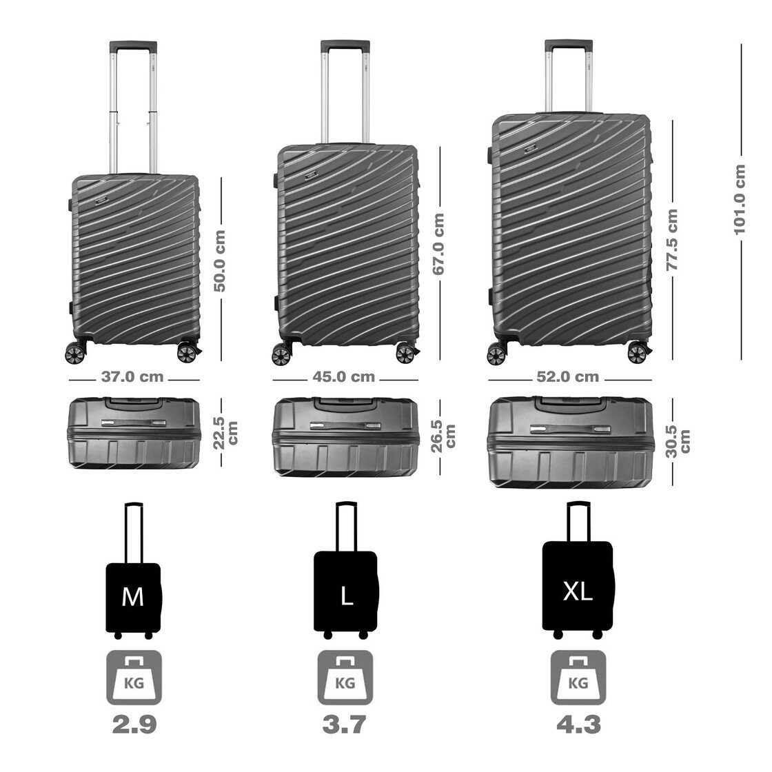 Valis Hartschalen-Trolley Reisekoffer ABS Hartschalenkoffer 4x Doppelrollen M/L/XL, Zahlenschloss & drehbar um 360° & 2-Wege Reißverschluss