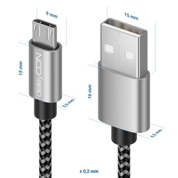 deleyCON deleyCON 2m Nylon Micro USB Kabel Ladekabel Datenkabel Metallstecker USB-Kabel