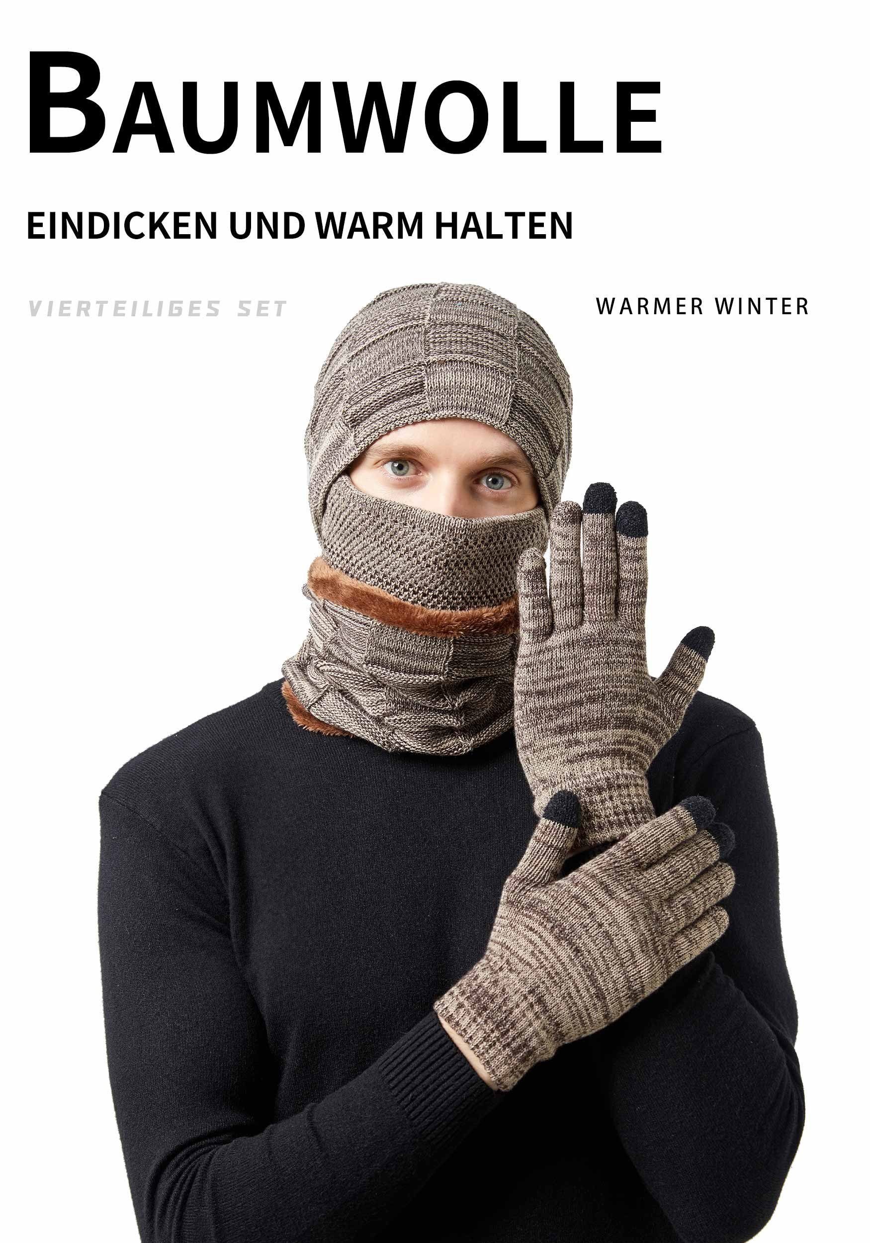 MAGICSHE Strickmütze und 4-teiliges Schal Handschuhe Set Khaki Strickmütze