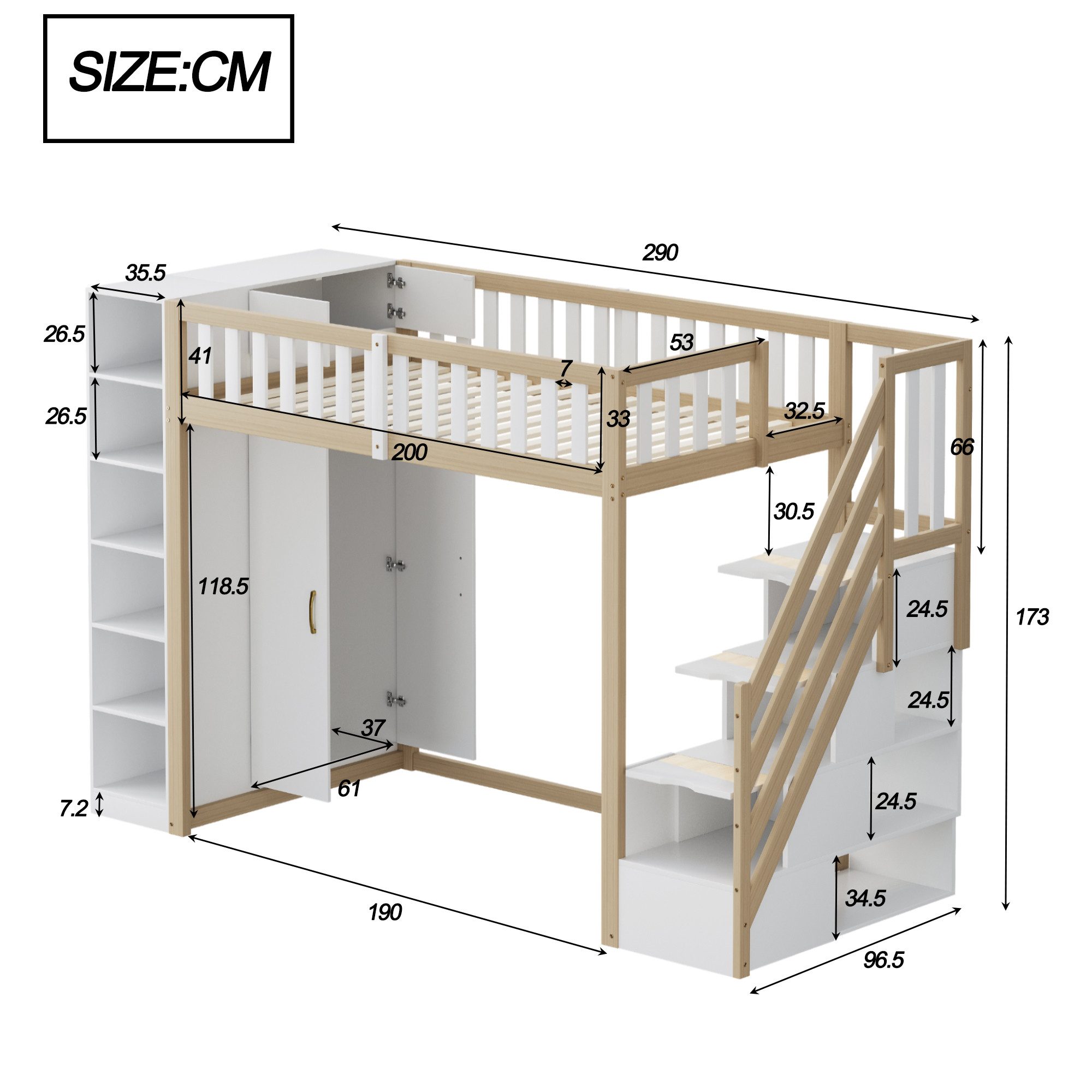 Merax Hochbett 90x200cm mit großem Kleiderschrank (1-St., Etagenbett Jugendbett Einzelbett) Kiefer Kinderbett mit Regalen, Aufbewahrungsschränken & Stauraumtrep – Bild 5 von 5