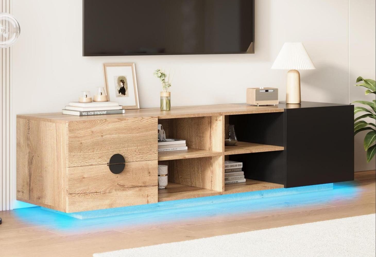 LVHOM TV-Schrank 180cm, TV-Board, moderner TV-Ständer mit viel Stauraum,LED-Beleuchtung (Lowboard, 2 Schubladen + 4 offene Fächer + 1 geschlossenes Fach) robust und stabil, bis 185 kg belastbar, pflegeleicht