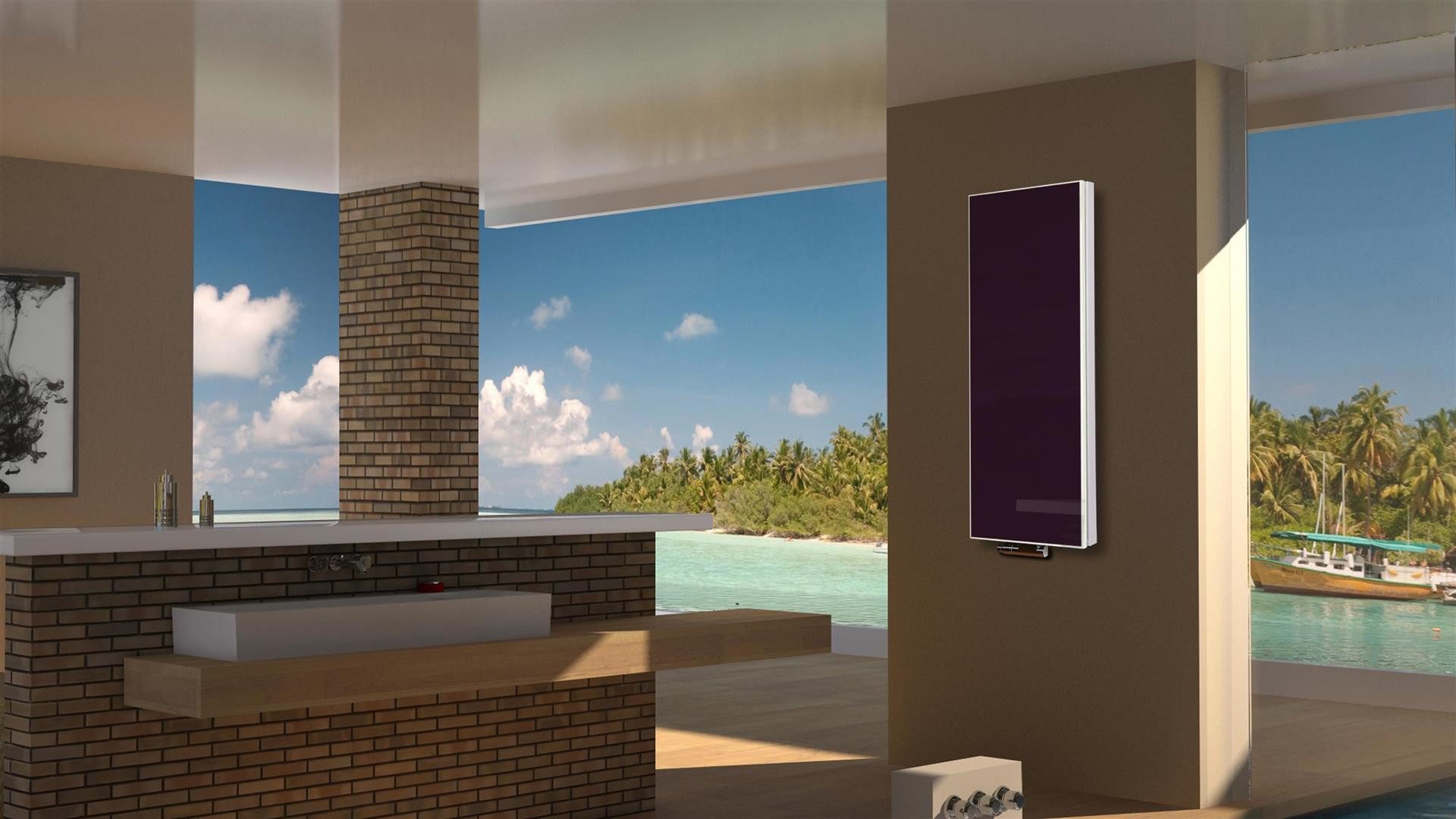 Szagato Badheizkörper BADHEIZKÖRPER mit Glas Montevideo 5 Glasfront 120x47cm 1458 W violett, 5 Jahre Garantie, Made in Germany