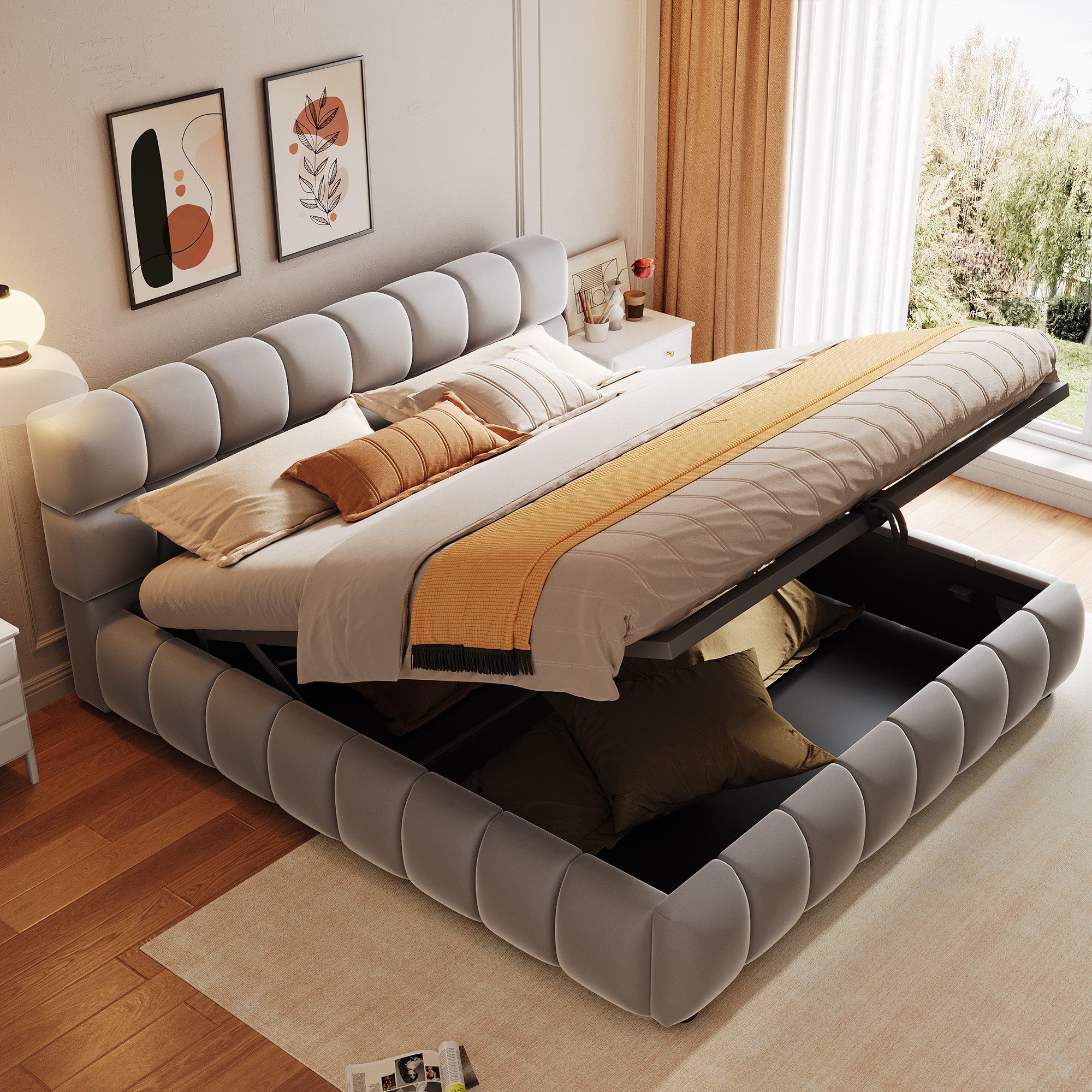 Merax Polsterbett 140x200cm mit hydraulischer Stauraum (1-tlg), Doppelbett mit Kopfteil & Samtbezug, Mehrzweckbett Stauraumbett