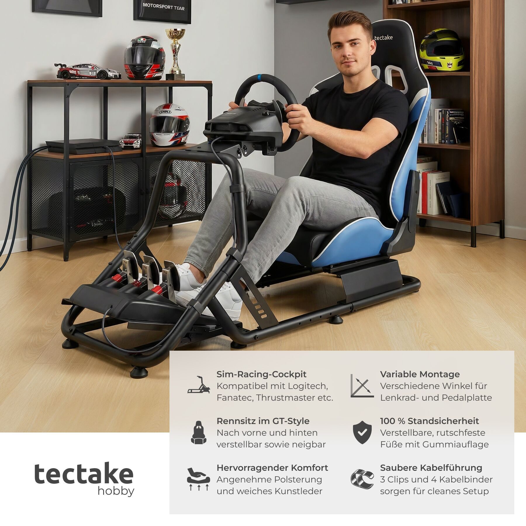 tectake Gaming-Stuhl SimRacing Stuhl, verstellbar, pflegeleichter Kunstlederbezug (Set, 1 St), Montierbare Vorrichtungen zum Anbringen von Lenkrad und Pedalen