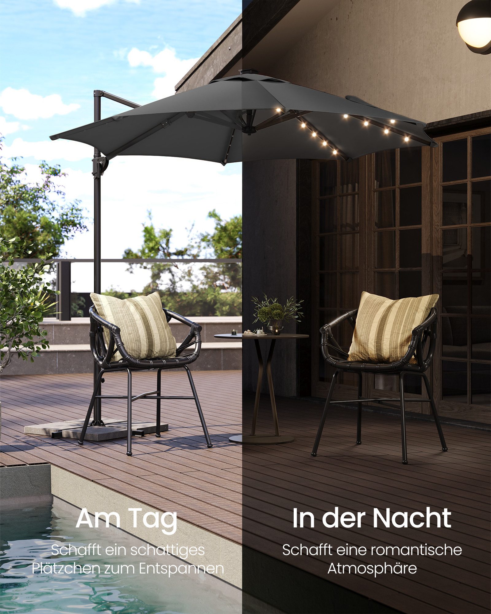 SONGMICS Sonnenschirm, Ampelschirm, ∅300cm, mit/ohne 28 Solar-LED-Leuchten, um 360° drehbar