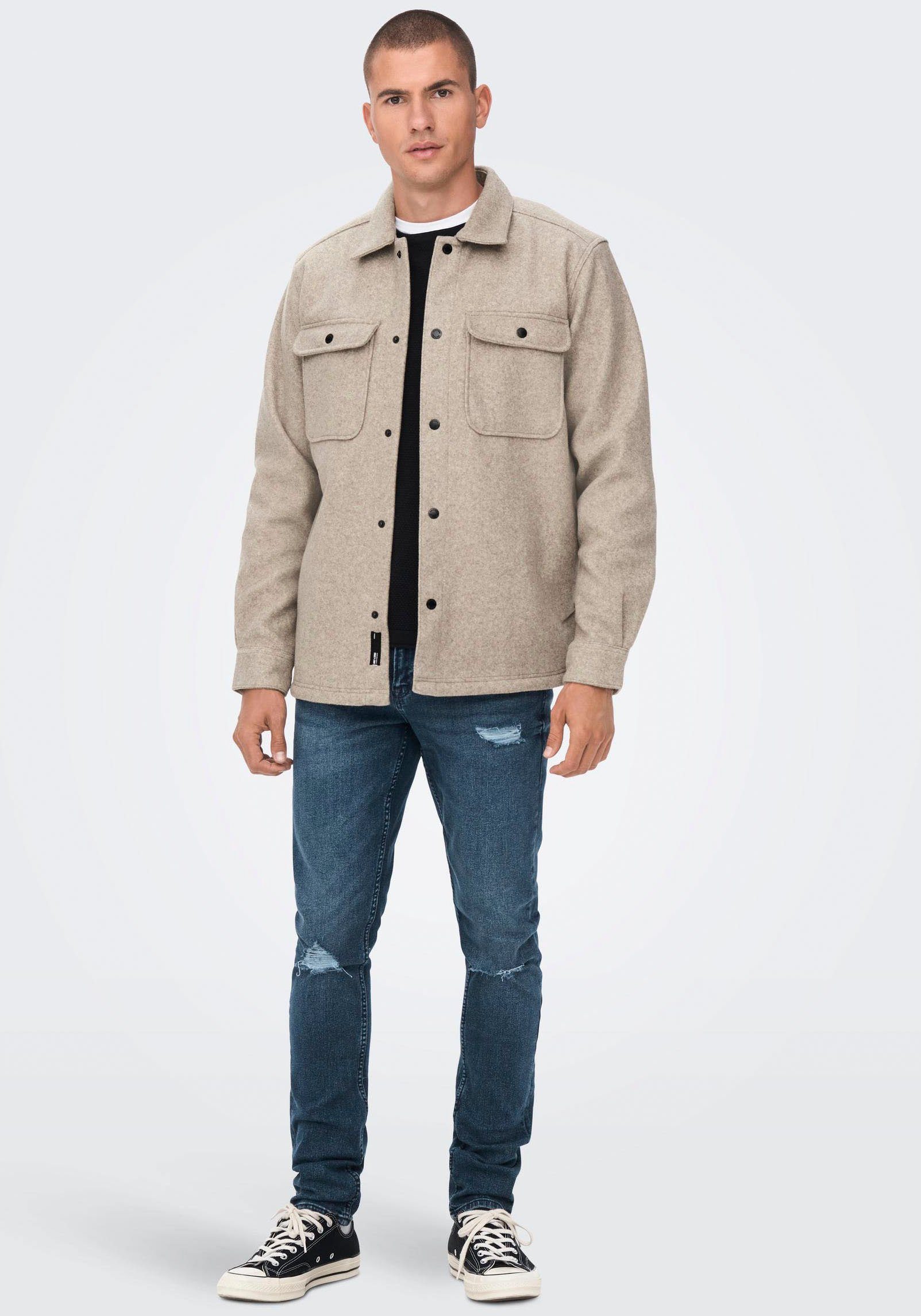 ONLY & SONS Langarmhemd ONSASH OVR WOOLEN LOOK PKT LS SHIRT NOOS Kunstfaser, regular fit