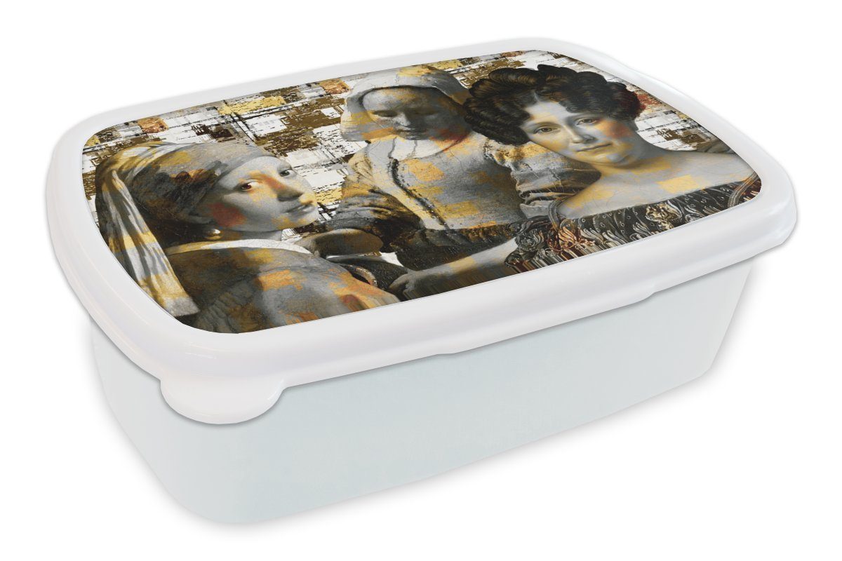 MuchoWow Lunchbox Collage - Mondrian - Gold, Kunststoff, (2-tlg), Brotbox für Kinder und Erwachsene, Brotdose, für Jungs und Mädchen weiß