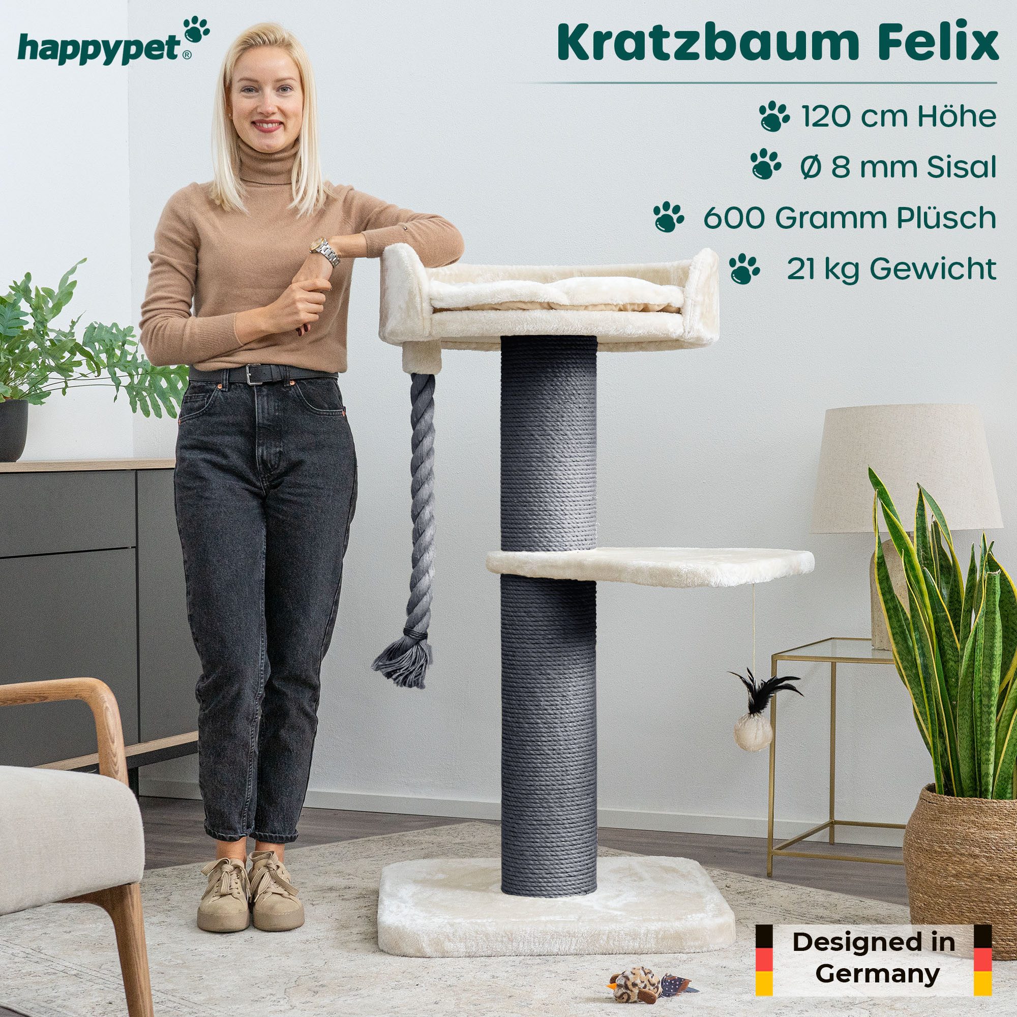 Happypet Kratzbaum FELIX, Katzenbaum 'Felix', Gesamthöhe 120 cm, mit Spielseil und Liegemulde