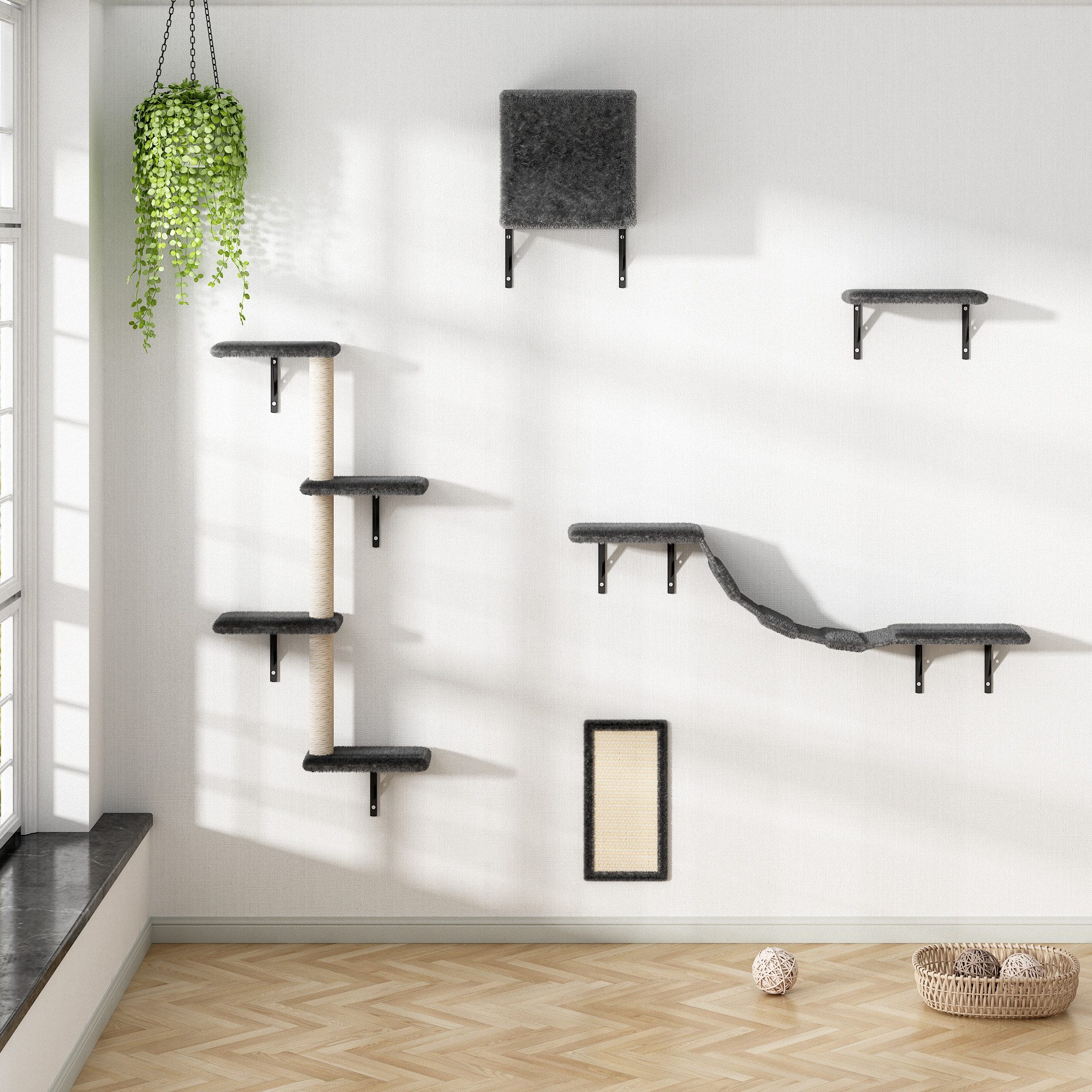 FURPAL Kratzbaum Wandmontierbares Katzen-Kratzbaum-Set, 5-teilig, mit Kratzbrett, Mit sanftem Flanell, Hängekörben und Katzenbrücke, grau mit beige