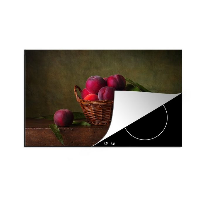 MuchoWow Herdblende-/Abdeckplatte Korb - Pflaume - Rosa - Rustikal - Obst - Stilleben Vinyl (1 tlg) induktionskochfeld Schutz für die küche Ceranfeldabdeckung