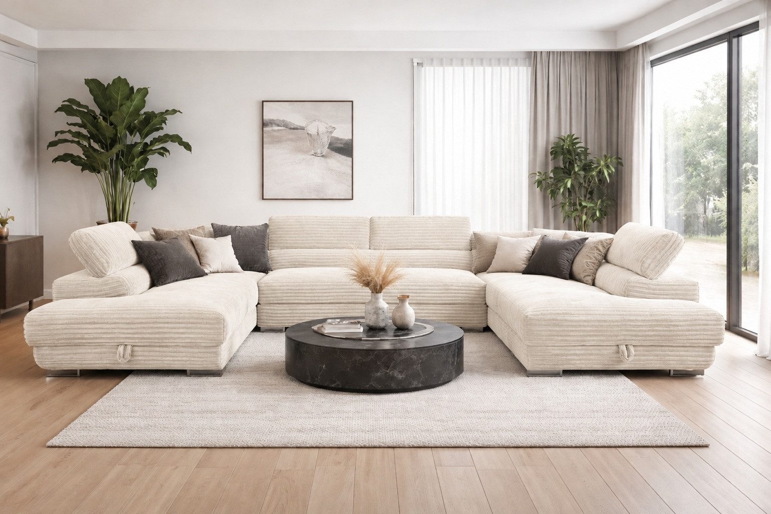 Labett Wohnlandschaft mit Schlaffunktion & Bettkasten GUSTAVO U-Form Sofa aus Cord