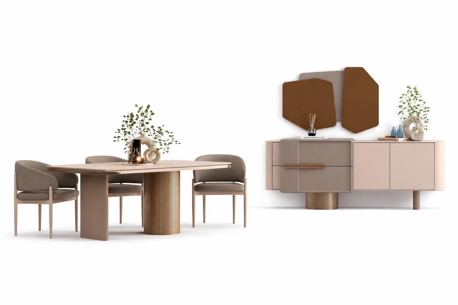 Xlmoebel Esszimmer-Set Esszimmer Set mit modernen beigen Polsterstühlen und Holzgestell, (3-St), Made in Europa