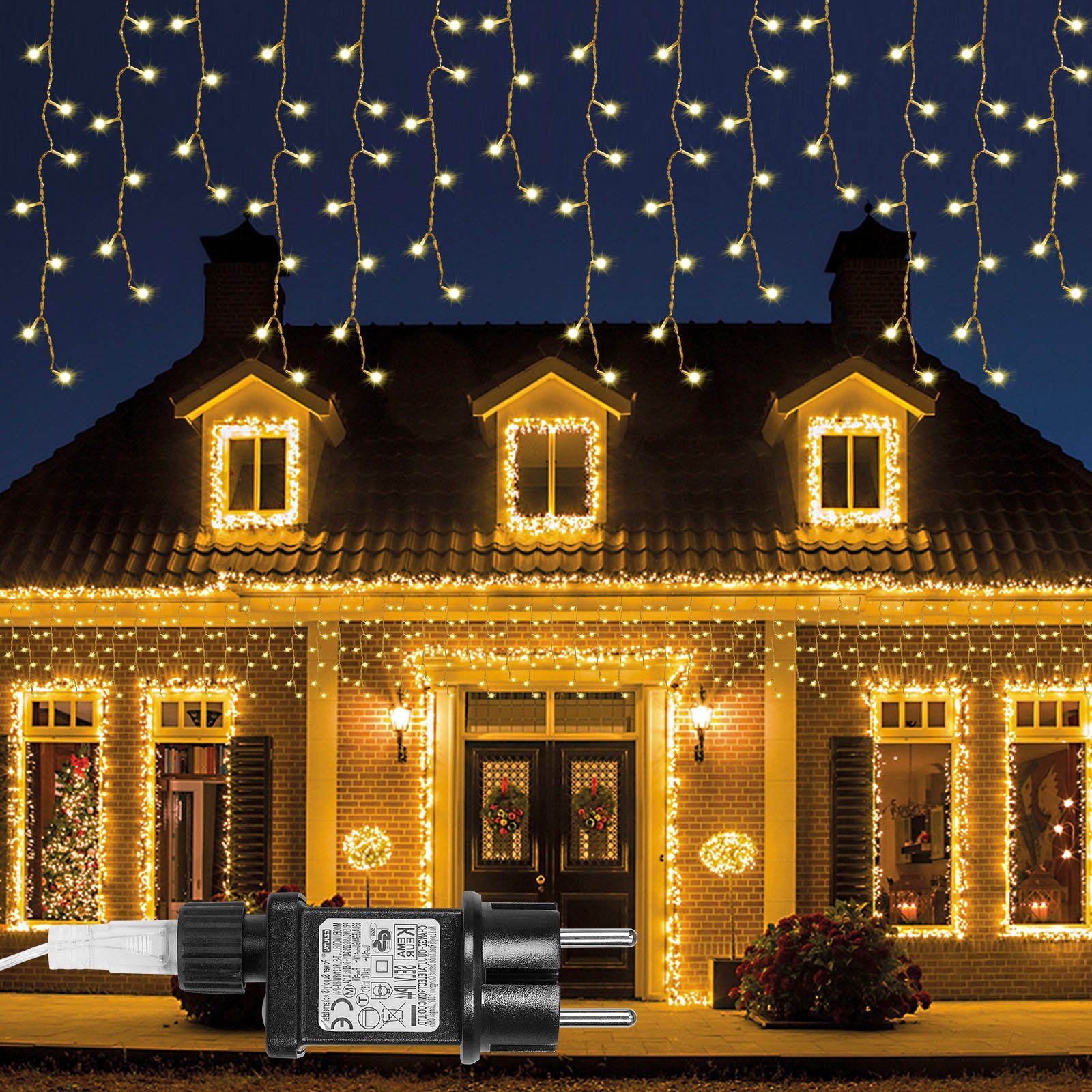 Sunicol LED-Lichtervorhang LED Timer wasserdicht, Eisregen,Außen 400-flammig, Lichtervorhang Eiszapfen 5M/10M/15M, Weihnachts Kettenleuchte