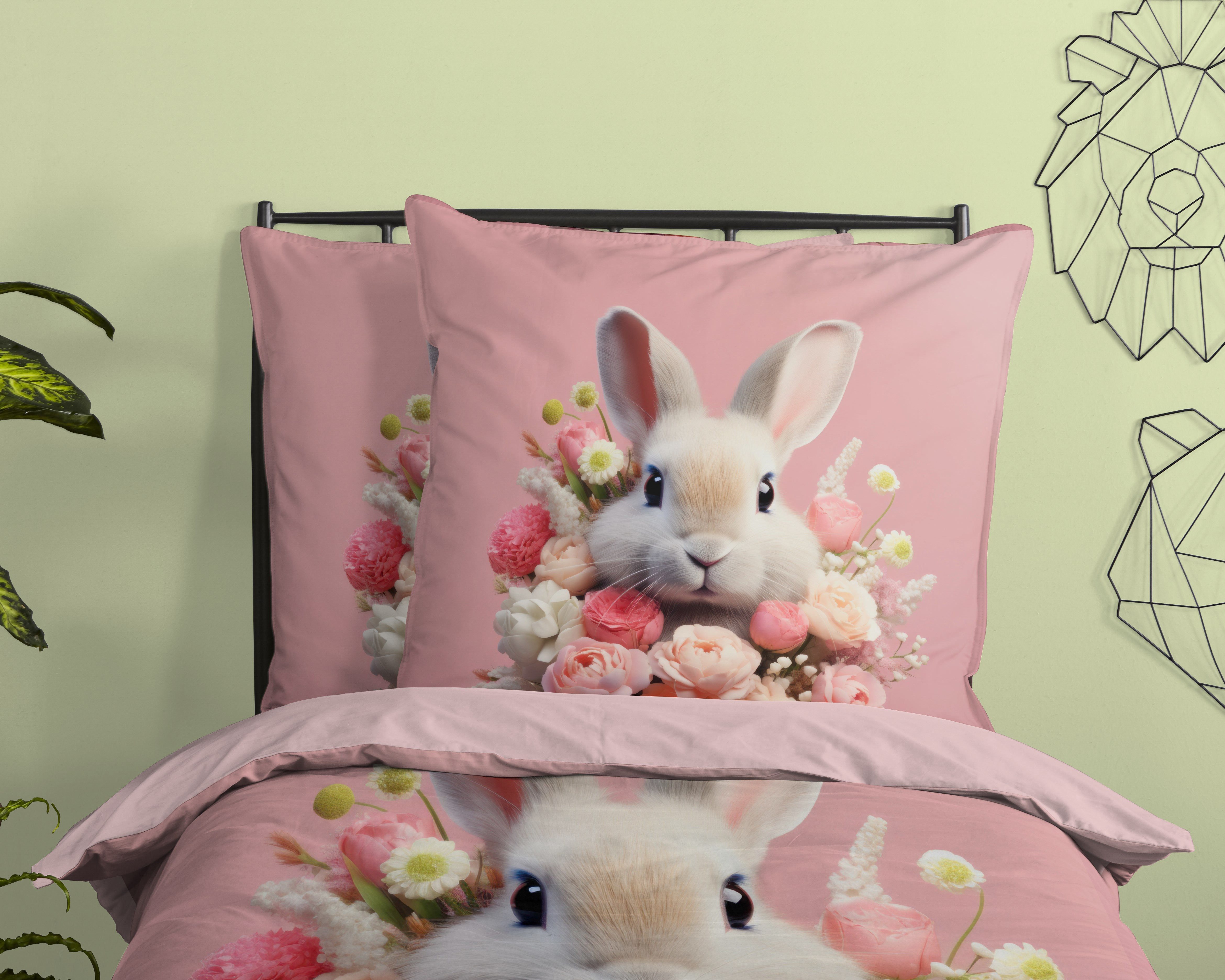 PURE luxury collection Kinderbettwäsche Cathy, Microfaser, 2 teilig, Mikrofaser, 135x200, 2 Teilig, Wendeoptik, Kind, Mädchen, Kaninchen