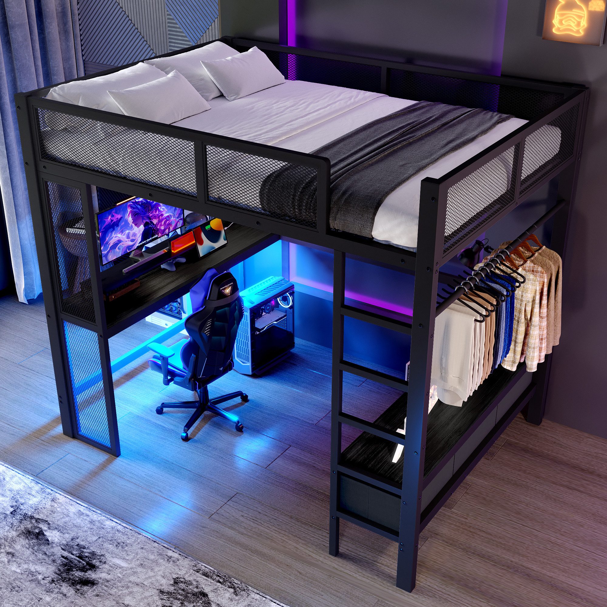 Merax Hochbett 140x200cm mit LED-Beleuchtung und USB (1-St., Etagenbett Jugendbett Einzelbett) Metallbett mit Schreibtisch, offenem Kleiderschrank und 3 Schubla – Bild 4 von 5