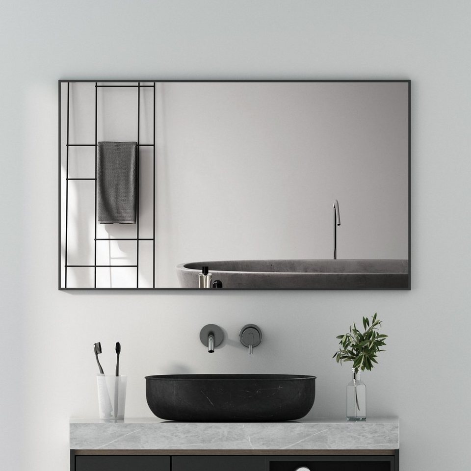 Boromal Spiegel eckig Badspiegel 100x60 groß Schwarz Wandspiegel mit  Aluminiumrahmen (Flurspiegel modern, mit explosionsgeschützte membran), 5mm  Kupfer- und bleifreier Spiegel