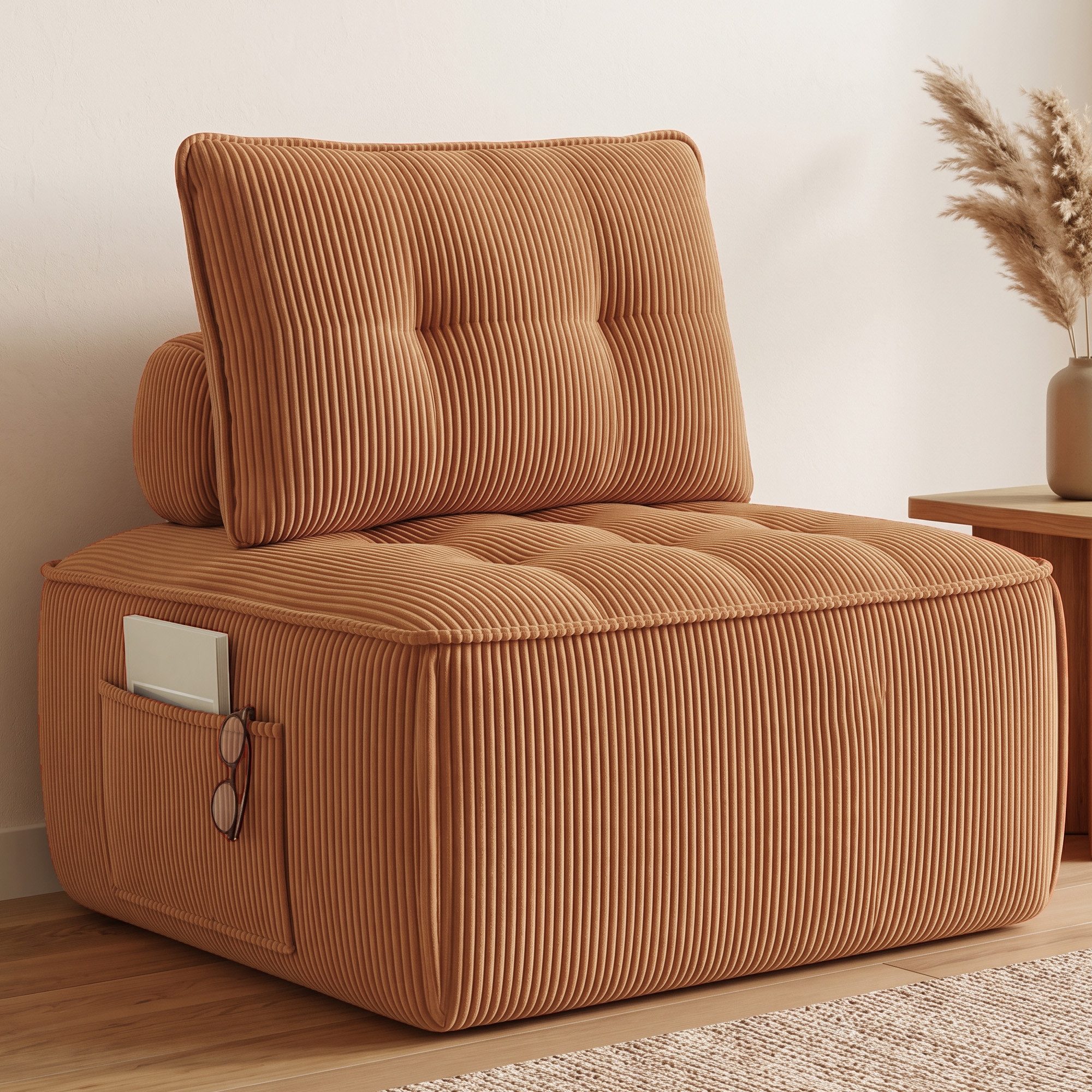 GLP Sofa Modulsofa aus Cord mit Vollschaumkern, rahmenloses Bodensofa, 1 Sofamodul 84 x 84 cm, mit Rückenpolster und Stützrolle, ohne Montage, belastbar bis 150 kg