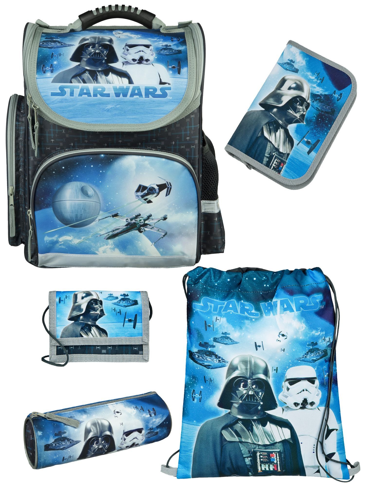 Familando Schulranzen Clou Star Wars Schultasche, Darth Vader, blau, ab 1. Klasse (Grundset, 5-tlg., mit Federmappe, Schlamper, Turn- & Geldbeutel), kompakt, mit 2-Wege-Reißverschluss