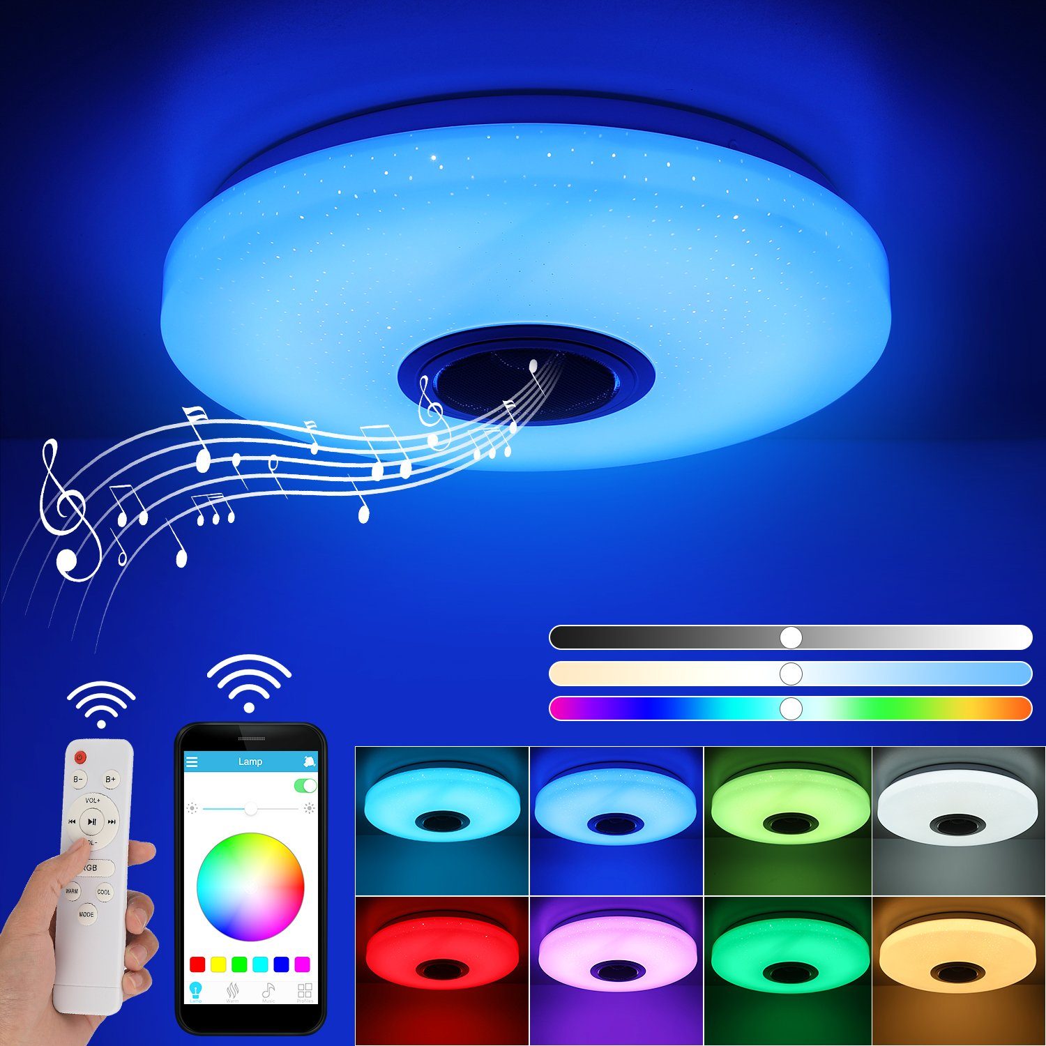 iscooter Deckenleuchte 60W LED RGB Panel Deckenleuchte Sternenhimmel Dimmbar, LED fest integriert, warmweiß, kaltweiß, RGB, mit Bluetooth Musik Lautsprecher APP, RGB Farbwechsel LED Deckenleuchte