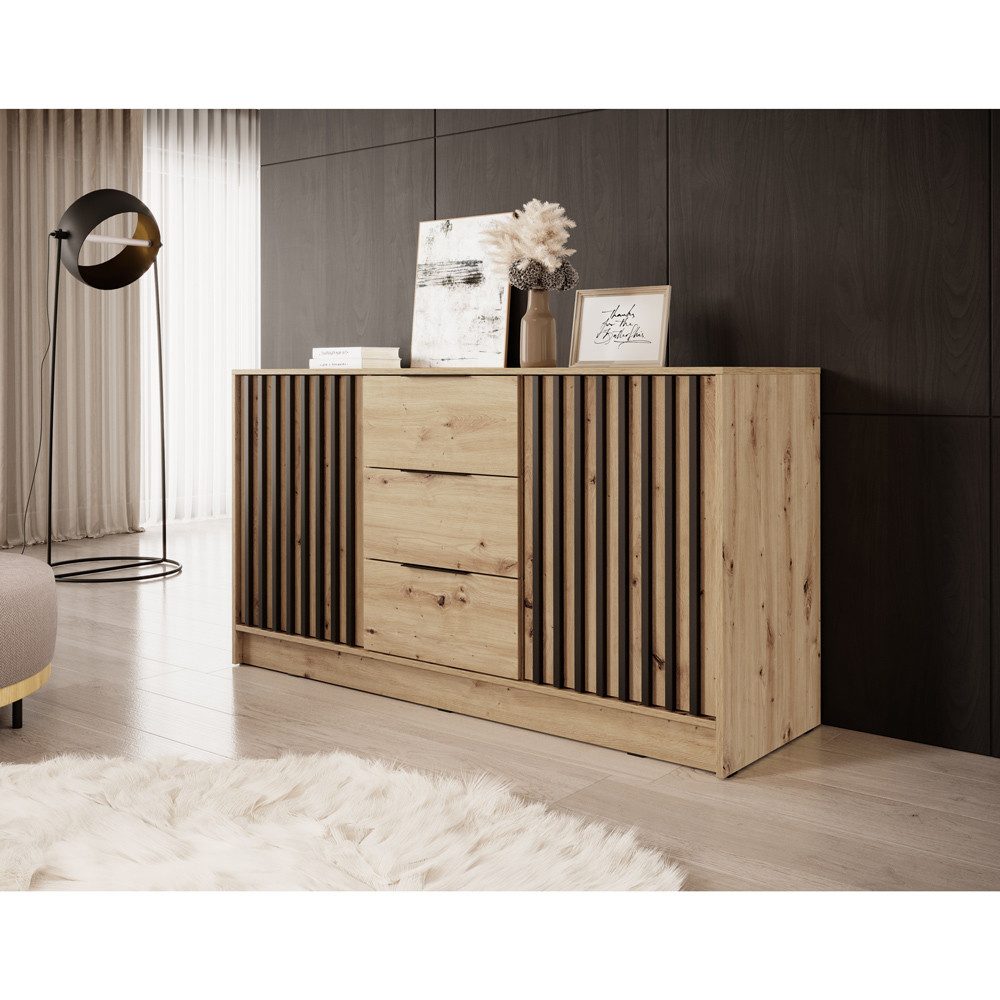 Lomadox Kommode NAMUR-160, in Eiche, 155 cm breit, mit schwarzen Lamellen