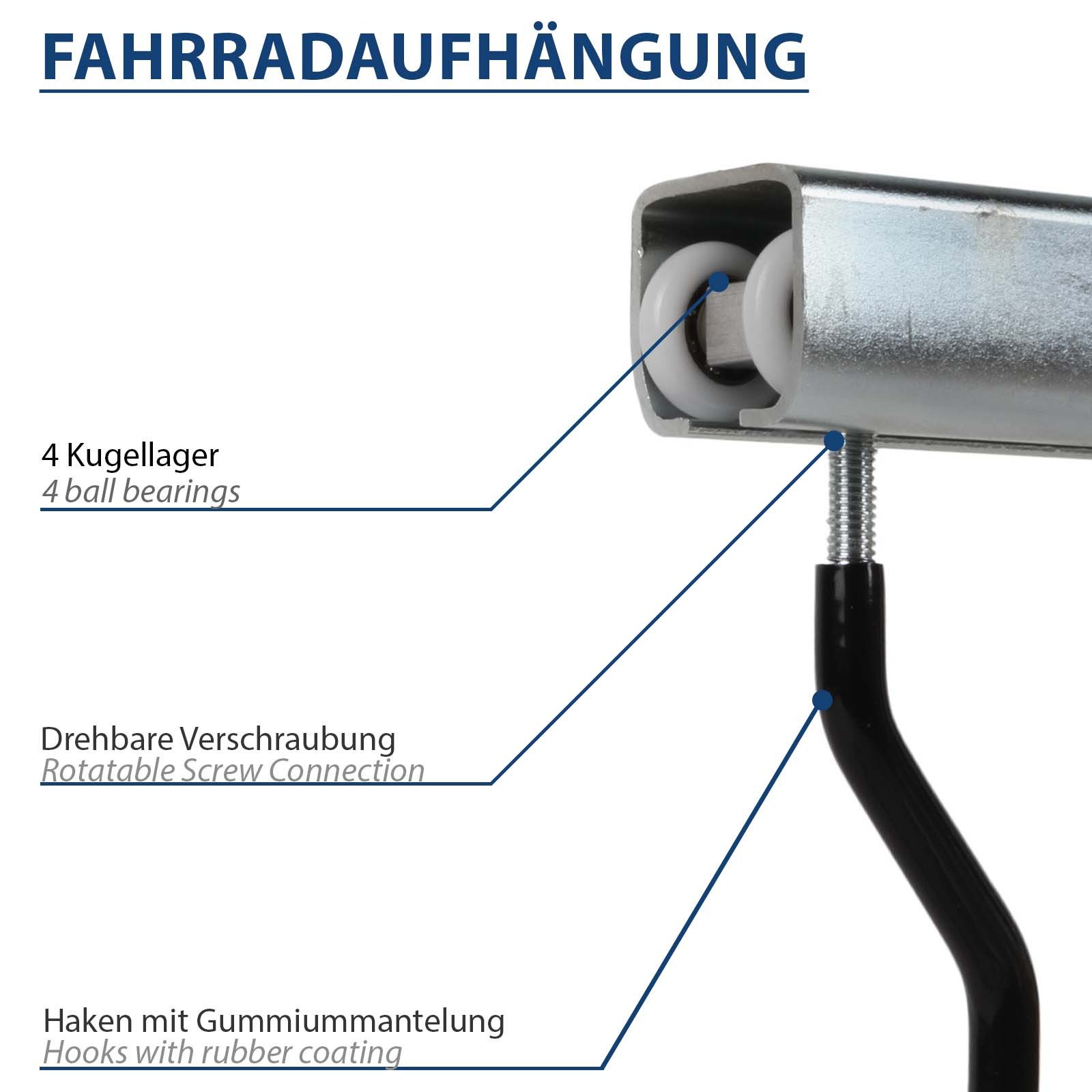 ATTAS Fahrradhalter Aufhängung Schiene, 5 Laufwagen mit Fahrradhaken, Verzinkter Stahl (Set, 1-2M Länge), Fahrradaufhängung – Bild 3 von 5