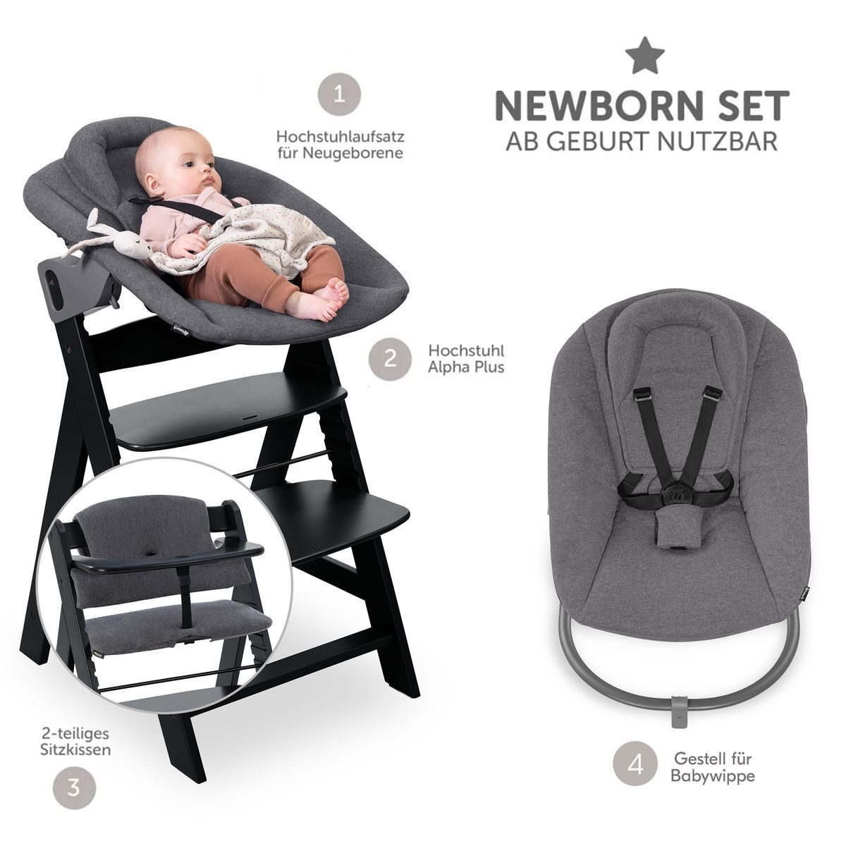 Hauck Hochstuhl Alpha Plus Black Newborn Set Premium (Set), Holz Babystuhl günstig online kaufen