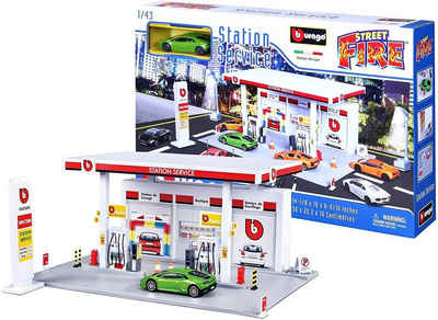 Bburago Spielzeug-Auto Bburago Street Fire Tankstelle inkl. 1 Fahrzeug, Perfekt als einzelnes Playset oder Ergänzung zu deiner Spielwelt.