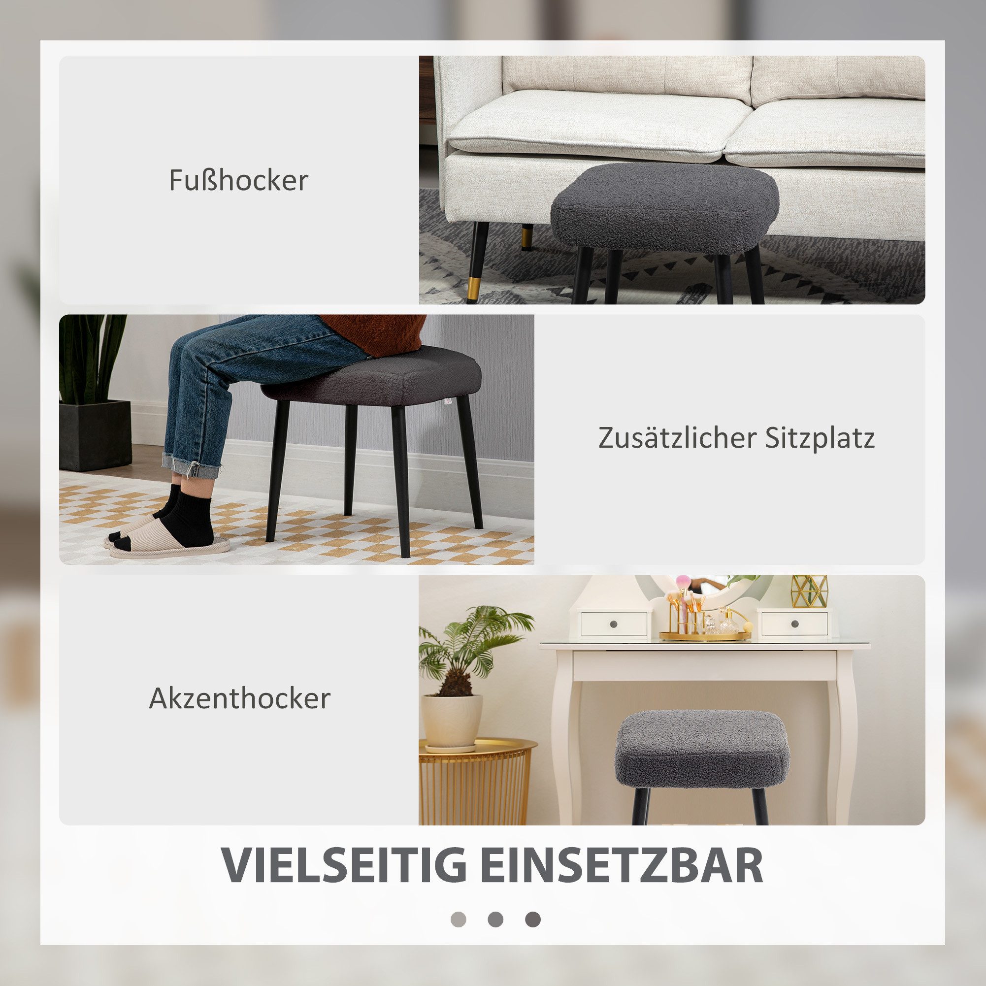 HOMCOM Fußhocker Hocker mit weichem Sitzkissen, Stahlbeinen, Polsterhocker Ottoman (Hocker, 1 St., Sitzhocker), für Schlafzimmer, Stahlbeine, Dunkelgrau – Bild 5 von 5