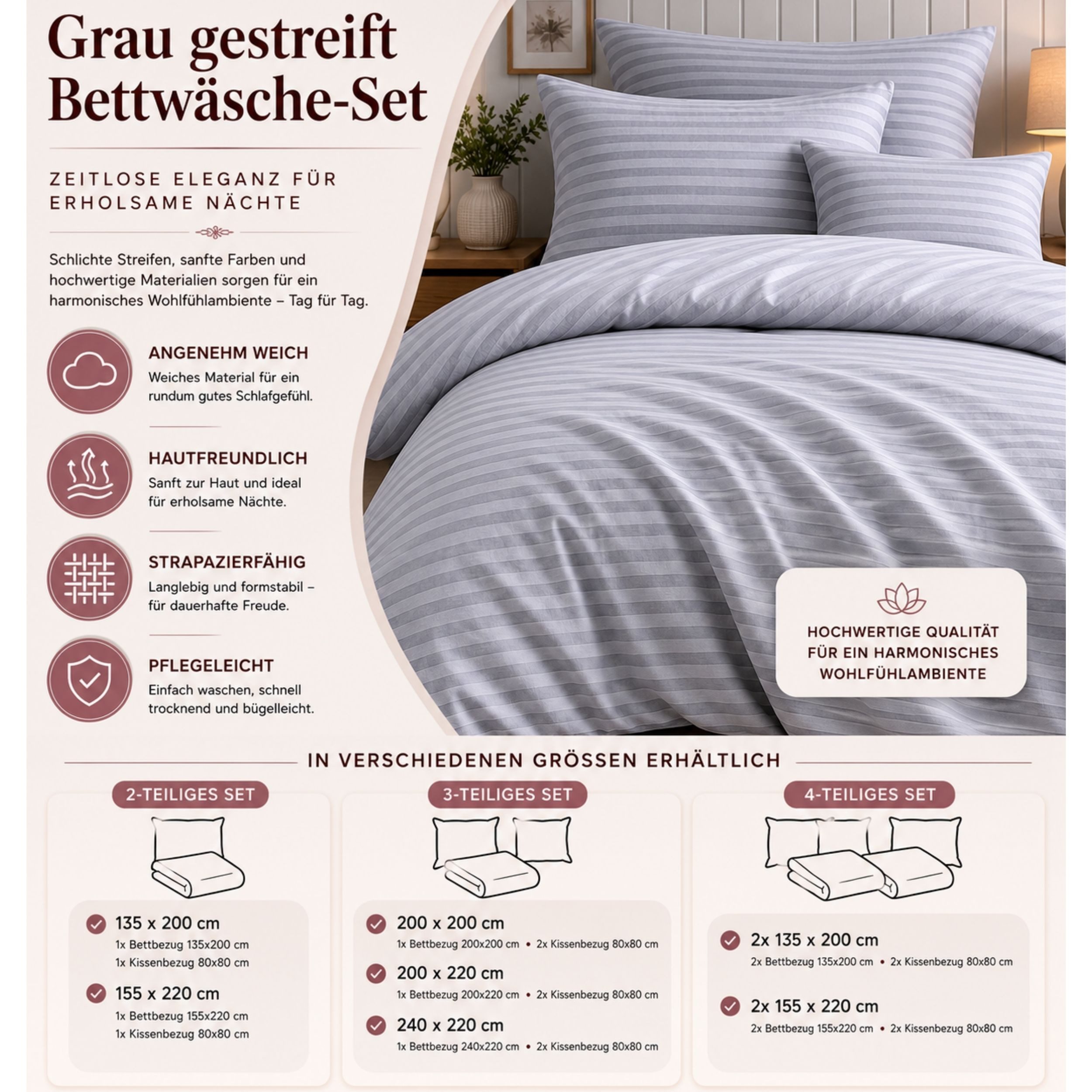 ZIRVEHOME Bettwäsche Baumwolle Bettbezug Streifenmuster– Ganzjahres-Bettwäsche-Sets Damast, Renforce, 3 teilig, 200x200 Bettbezug Baumwolle – Ganzjahres-Bettwäs – Bild 5 von 5