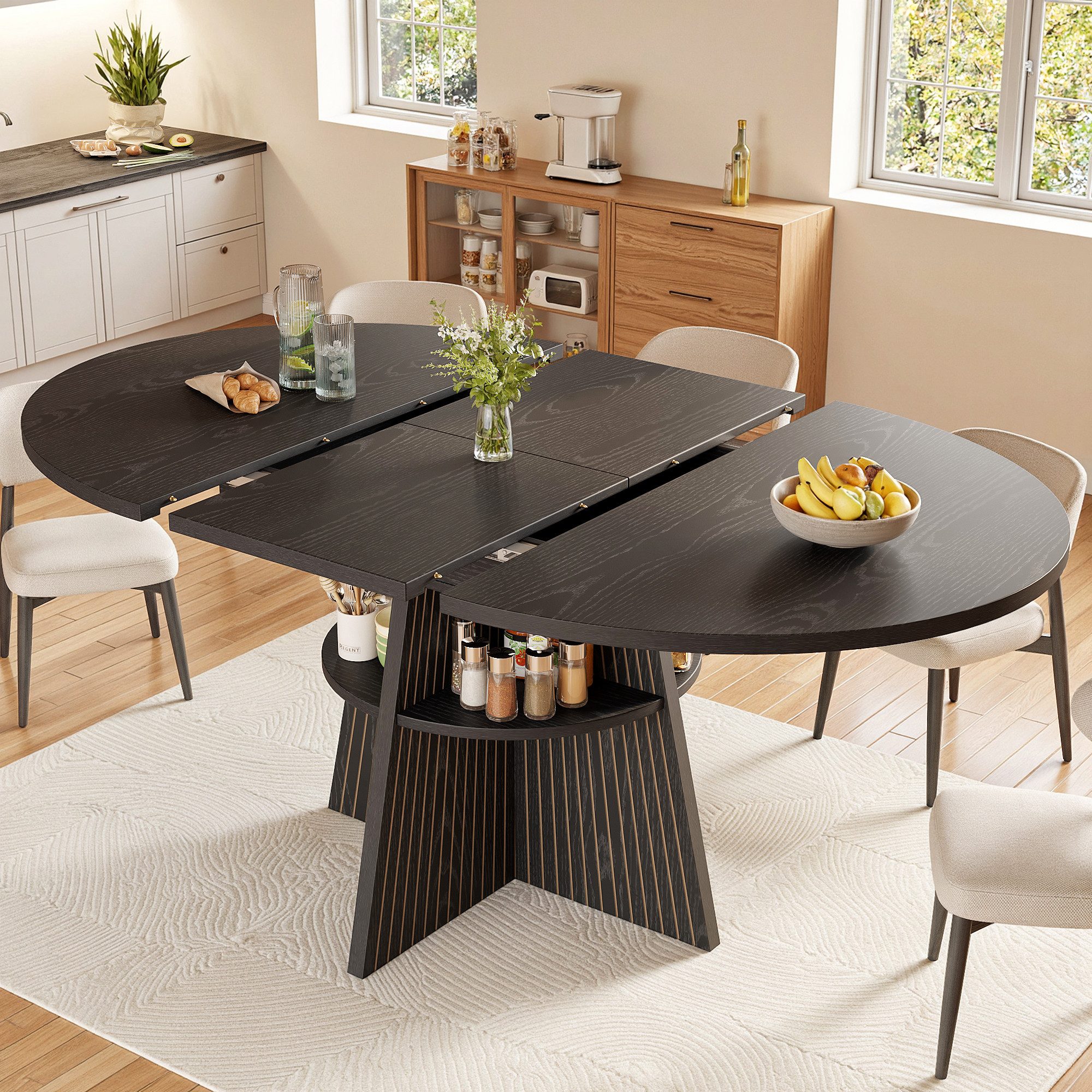i@home Esstisch 110-150 cm runder Esstisch für 2-8 Personen, ausziehbarer Esstisch (1 Tisch), runder Holztisch mit vertikaler Struktur, belastbar bis 60kg, 2 Farben