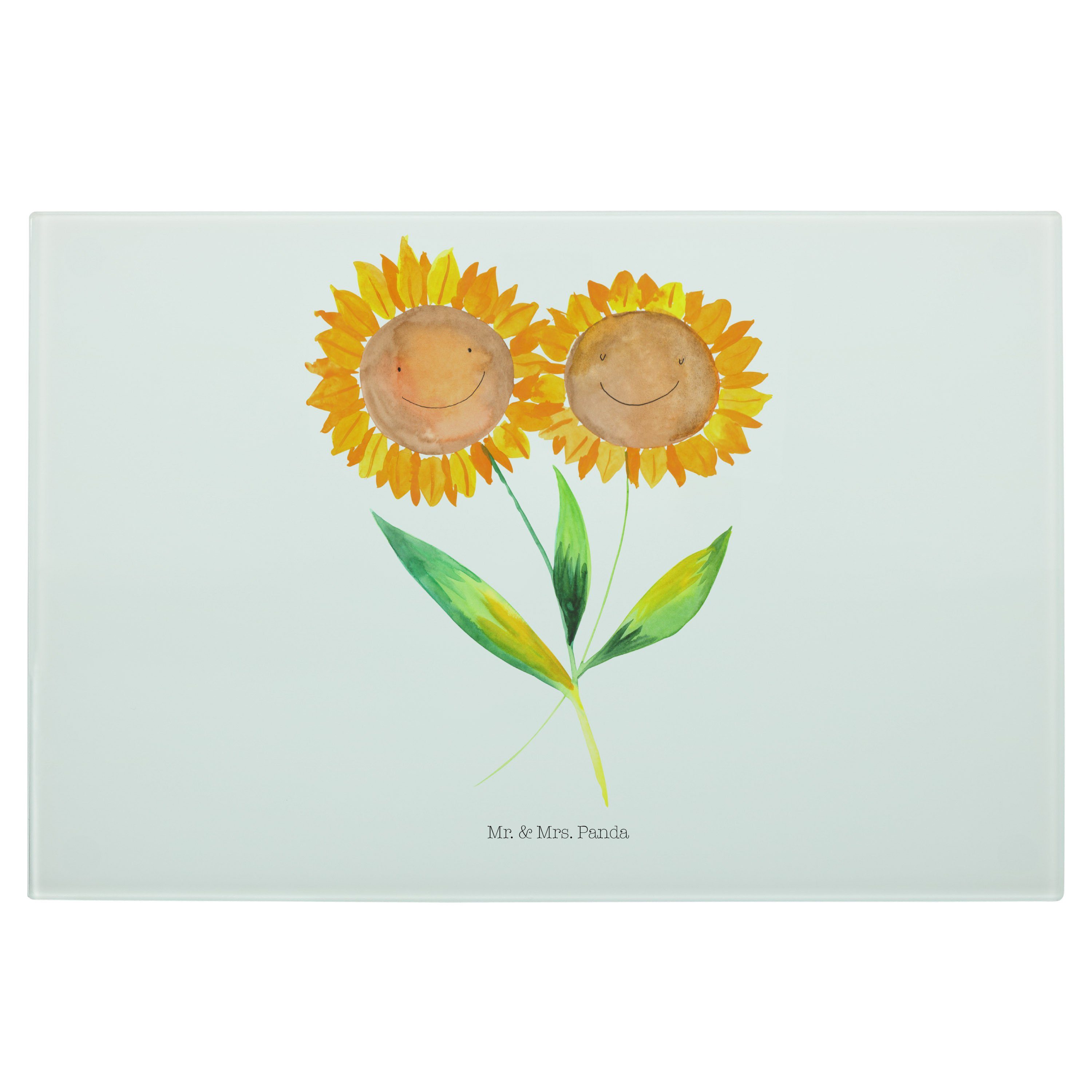 Mr. & Mrs. Panda Servierbrett Sonnenblume - Weiß - Geschenk, Blumen, Garten, Lieblingsmensch, Glass, Premium Glas, (1-St) | Servierbretter