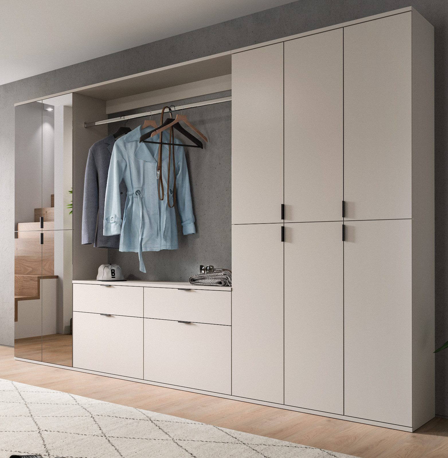 Inn.Furn Garderoben-Set Line-Up, (XXL Flurgarderobe in Kaschmir mit 4-türigem Spiegelschrank, Schuhschrank und variabler Inneneinteilung), mit Kleiderstangen und 22 Einlegeböden