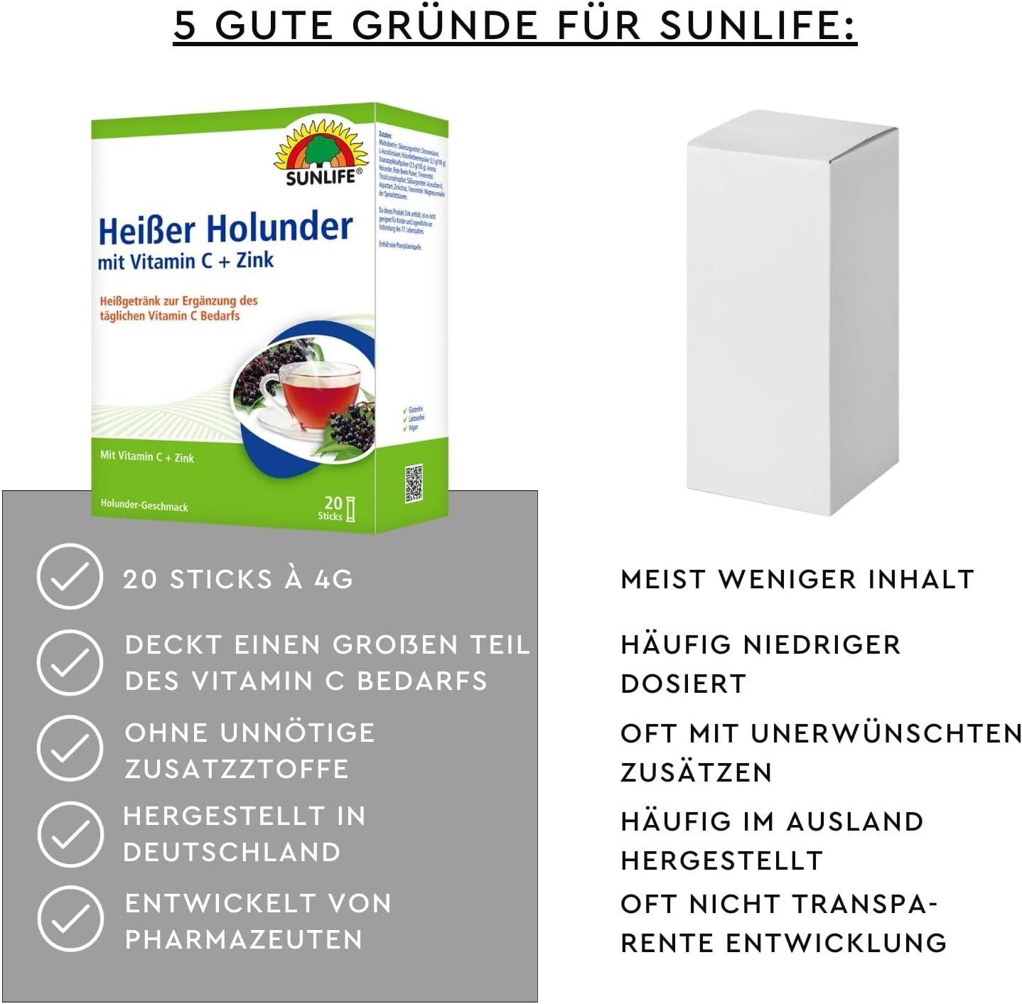 SUNLIFE SUNLIFE® Heißer Holunder 20 Sticks Gesundheit Husten + Vitamin C 1 x täglich den Inhalt eines Sticks mit 150 ml heißem oder kaltem Wasser übergießen, umrühren und trinken