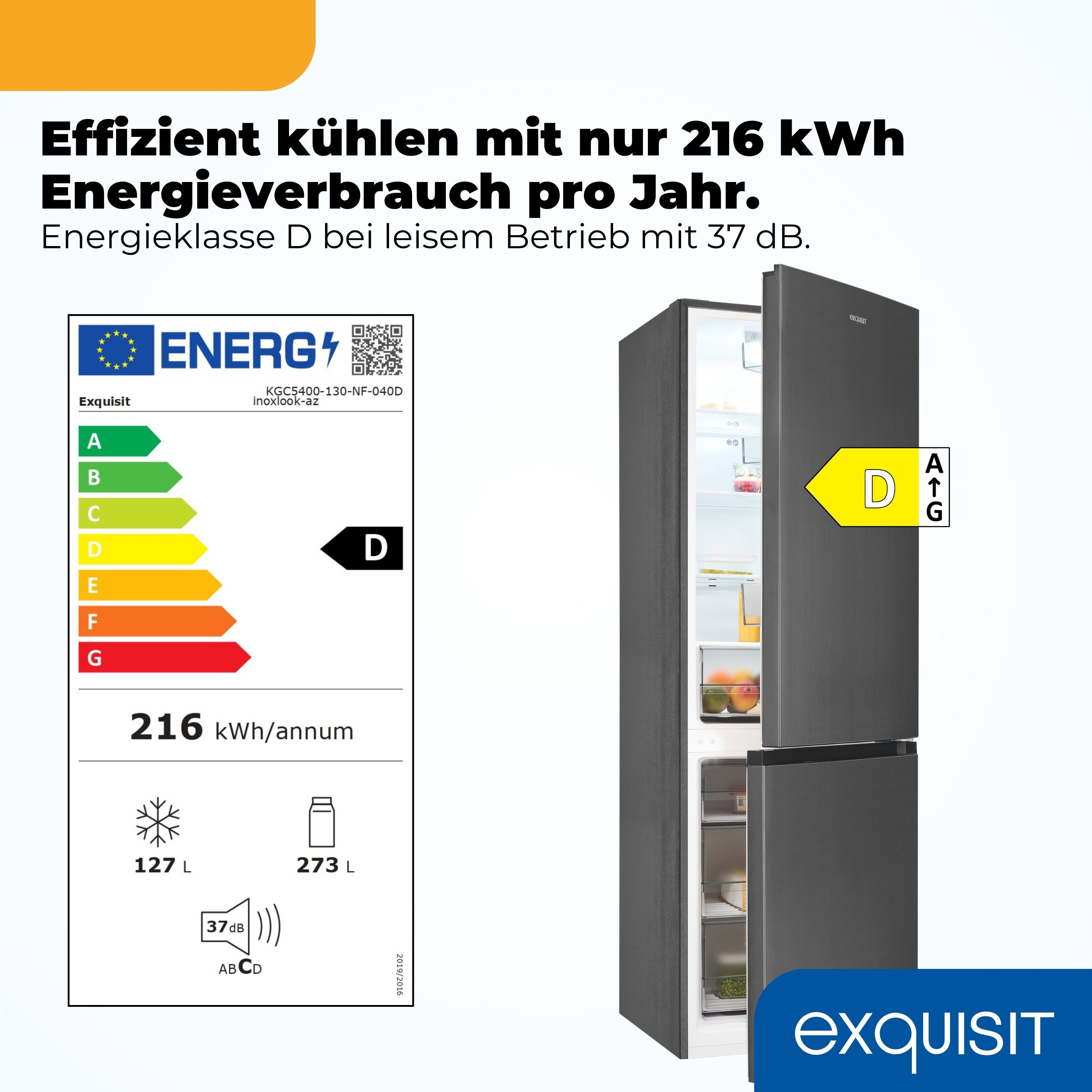 exquisit Kühl-/Gefrierkombination KGC5400-130-NF-040D, 186 cm hoch, 60 cm breit, 400 l, LED Beleuchtung, 37 dB Geräuschklasse C