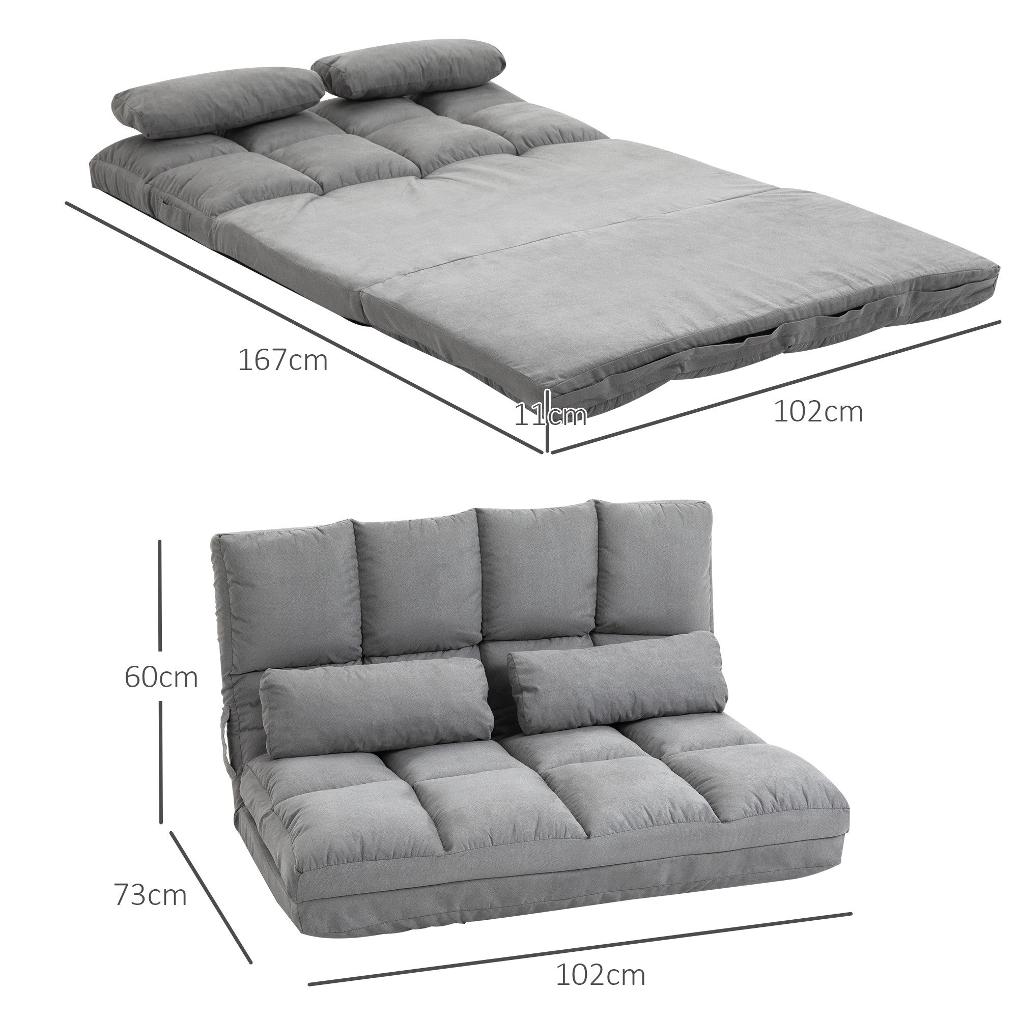 HOMCOM Relaxsessel mit Rückenlehne, 3 Positionen Verstellbare, Sitzkissen (Klappbett, 1-St., 2-in-1 Bodensessel), für Schlafzimmer, Wohnzimmer, Grau