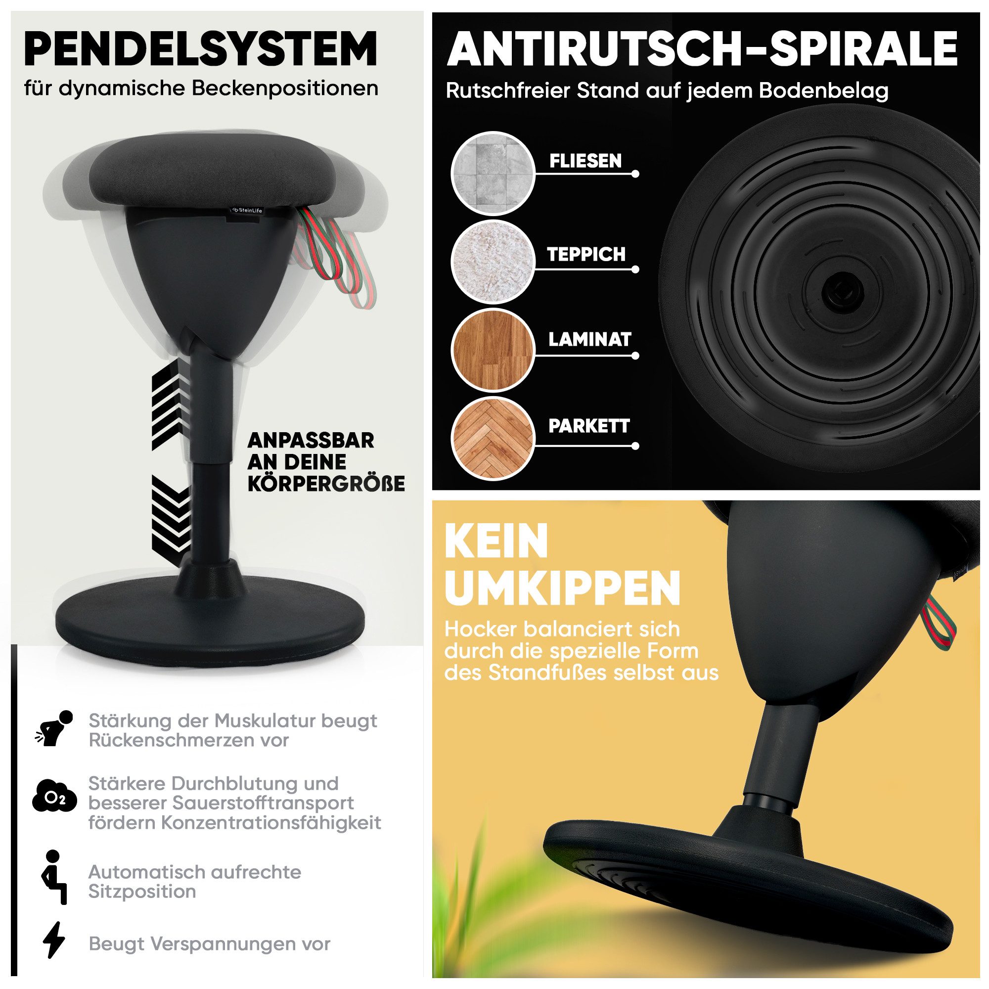 Steinlife Arbeitshocker Ergonomischer Bürohocker [Aktives Sitzen, Gesunde Haltung] (Stehhocker Höhenverstellbar [58-83cm] Ergonomischer Hocker für Büro [Schwingeffekt] Wackelhocker Stehhocker, Arbeitshocker rutschfest Drehhocker)