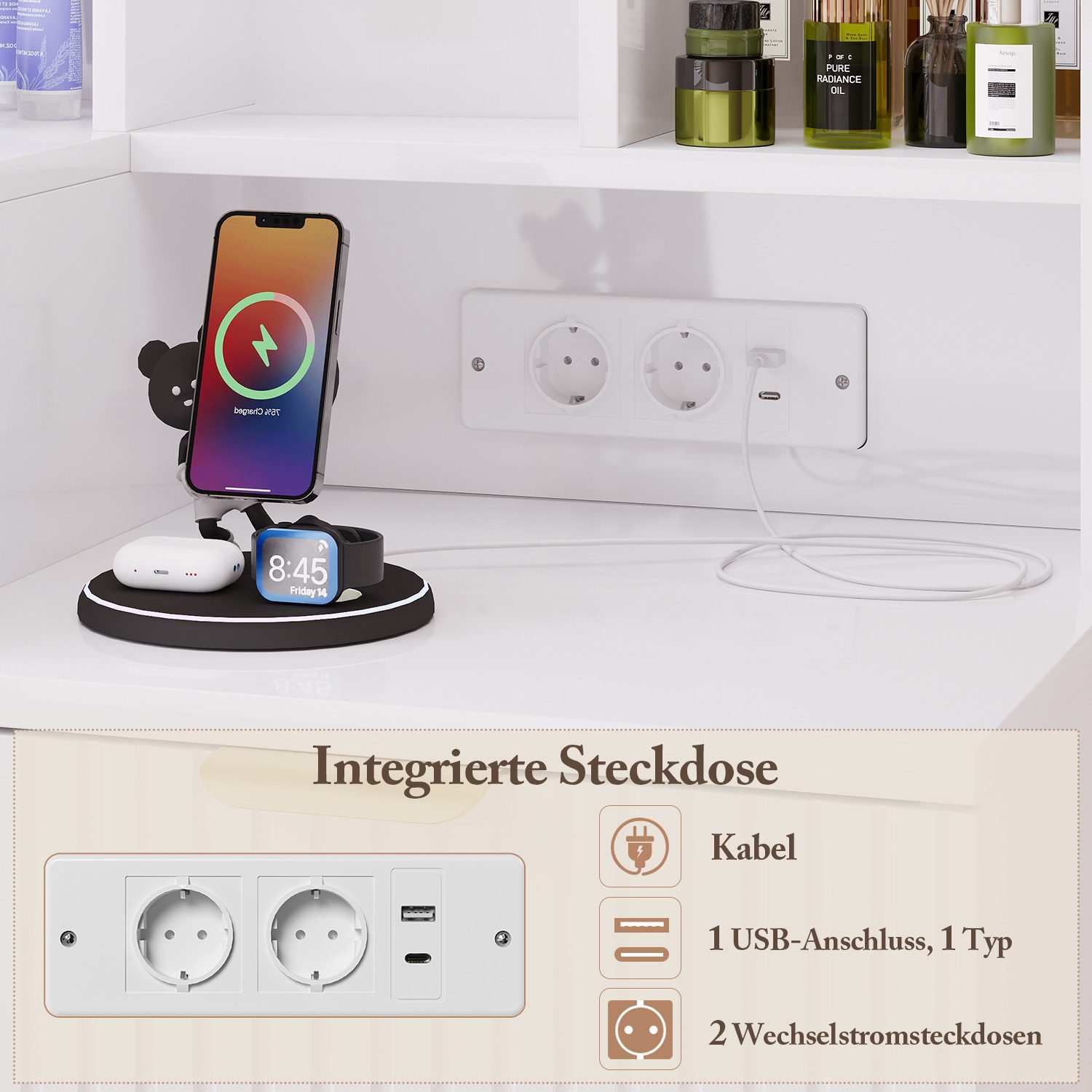 HOMALL Schminktisch Vertikale Streifen mit 5 Schubladen und 7 offenen Fächern (Mit 2 Euro-Steckdosen + 1 USB-Anschluss + 1 Typ-C-Anschluss)