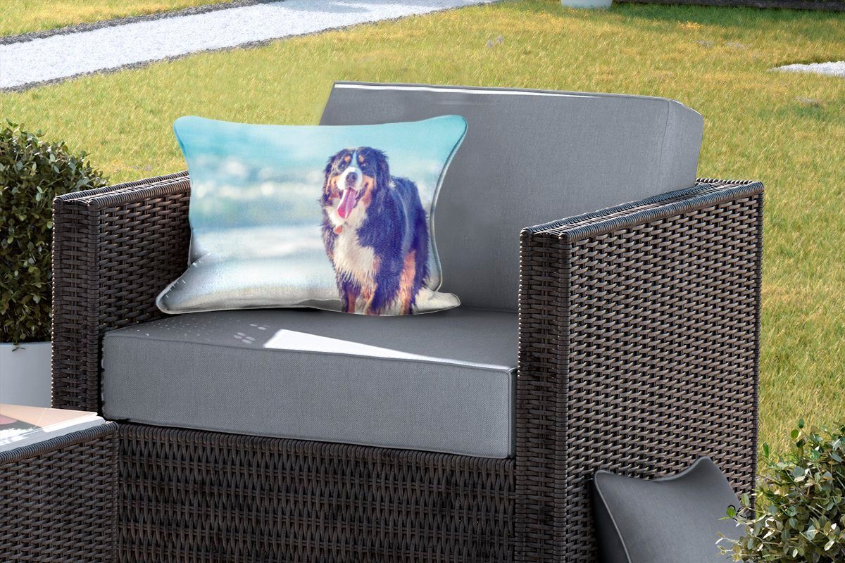 Ein Outdoor-Dekorationskissen, Strand, am MuchoWow Kissenhülle Berner Dekokissenbezug, beim Dekokissen Sennenhund Spaziergang Polyester,