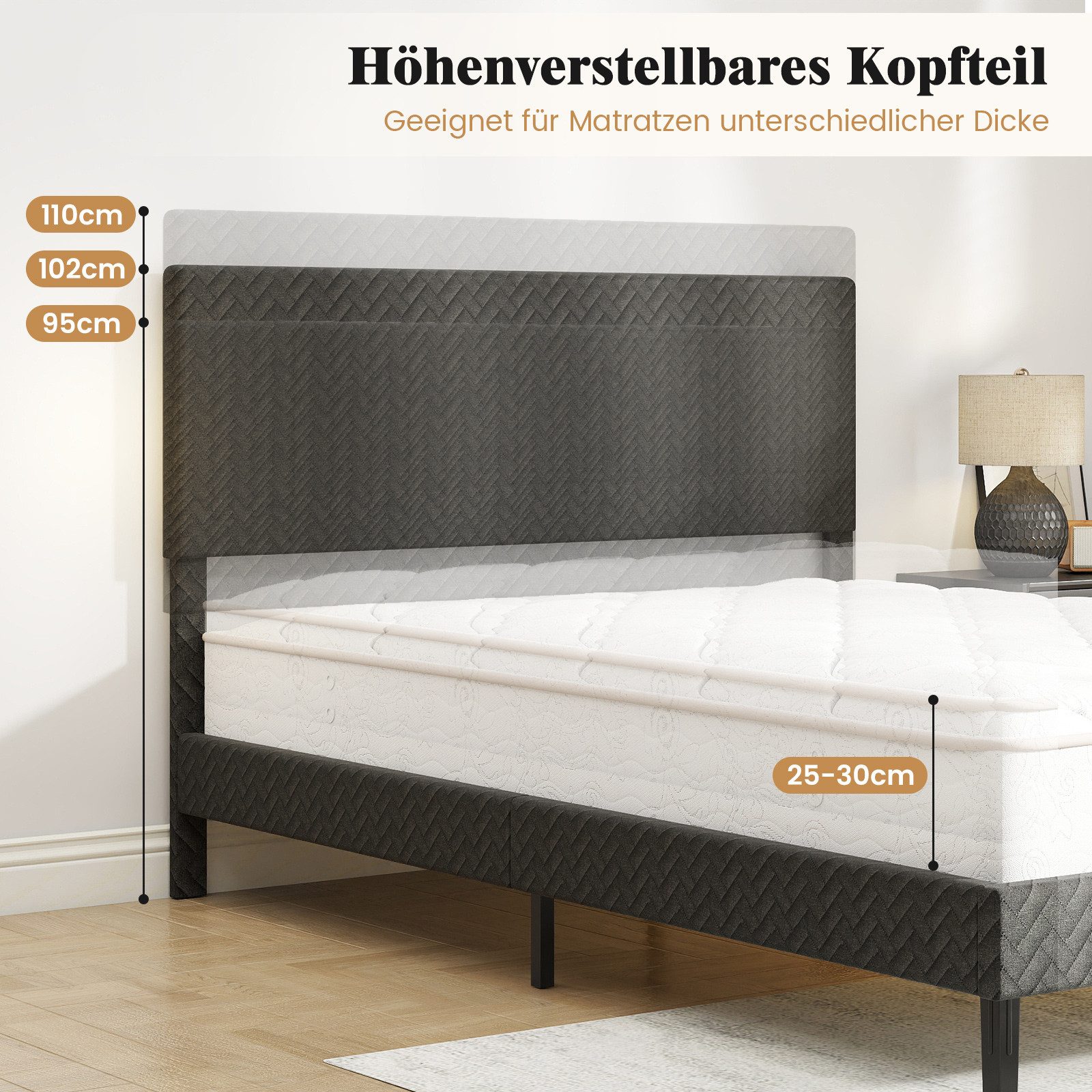 COSTWAY Polsterbett (1-tlg), Bettgestell, Bettrahmen mit Lattenrost, höhenverstellbarem Kopfteil