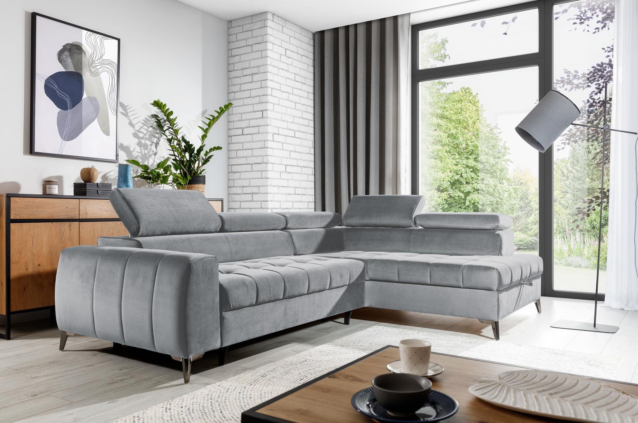 Furnix Ecksofa TOULOUS Sofa mit Schlaffunktion Automat DL Auswahl, hochwertige Verarbeitung Maße: B275 x H95 x B200 cm Hellgrau