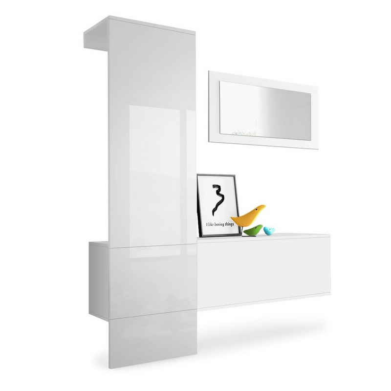 Vladon Garderoben-Set Carlton, (Wandgarderobe bestehend aus, 3-St., 1 Paneel, 1 Schrankmodul und 1 Wandspiegel), Weiß matt/Weiß Hochglanz (156 x 193 x 35 cm)