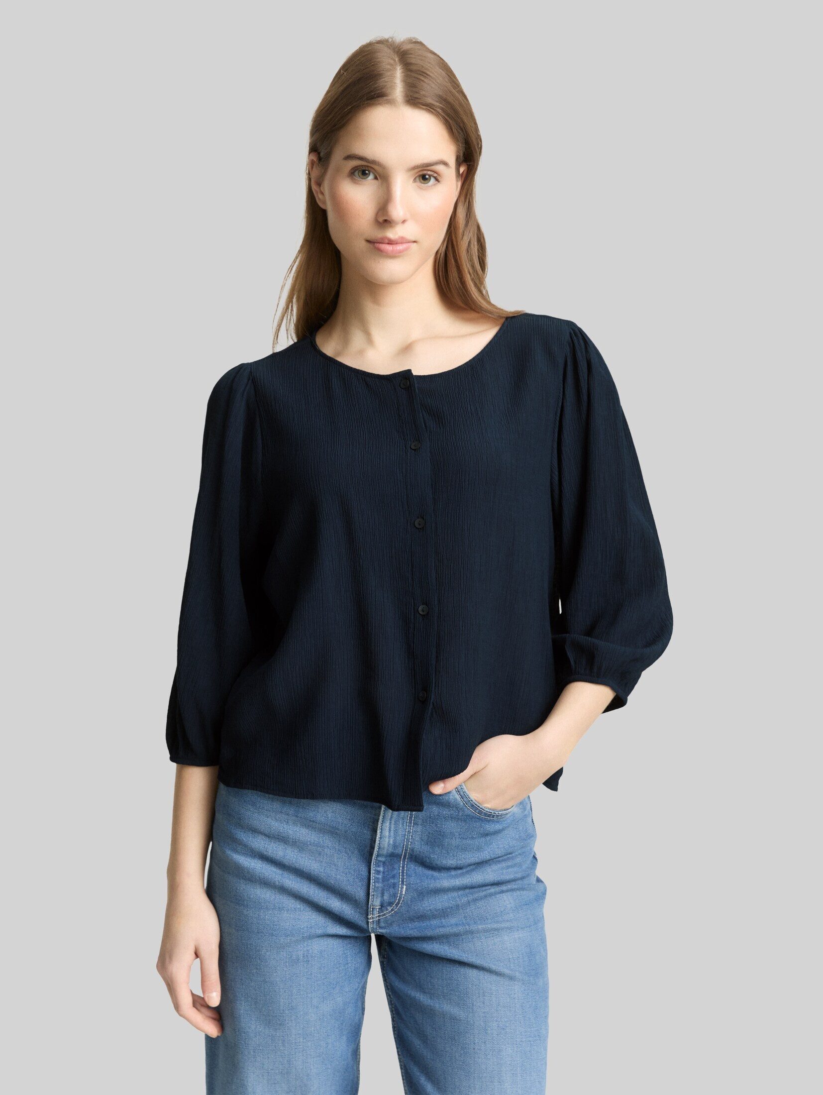TOM TAILOR Denim Kurzarmbluse Blusen & Shirts Crinkle Bluse mit Knopfleiste