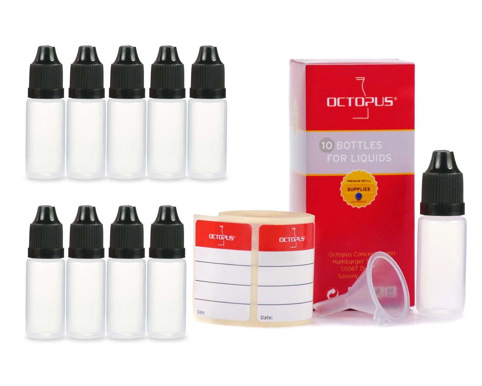 OCTOPUS Kanister 10 x 10ml Liquidflaschen LDPE mit Trichter, schwarze Deckel