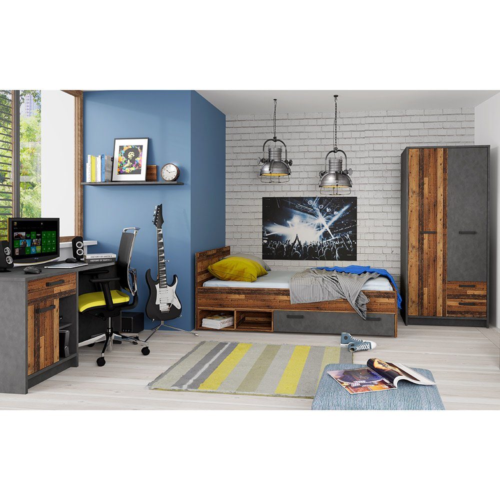 Lomadox Jugendzimmer-Set NELSON-129, mit 90x200 mit 3-tlg), cm, Bett grau Schreibtisch, in Holz Kleiderschrank (Sparset, und