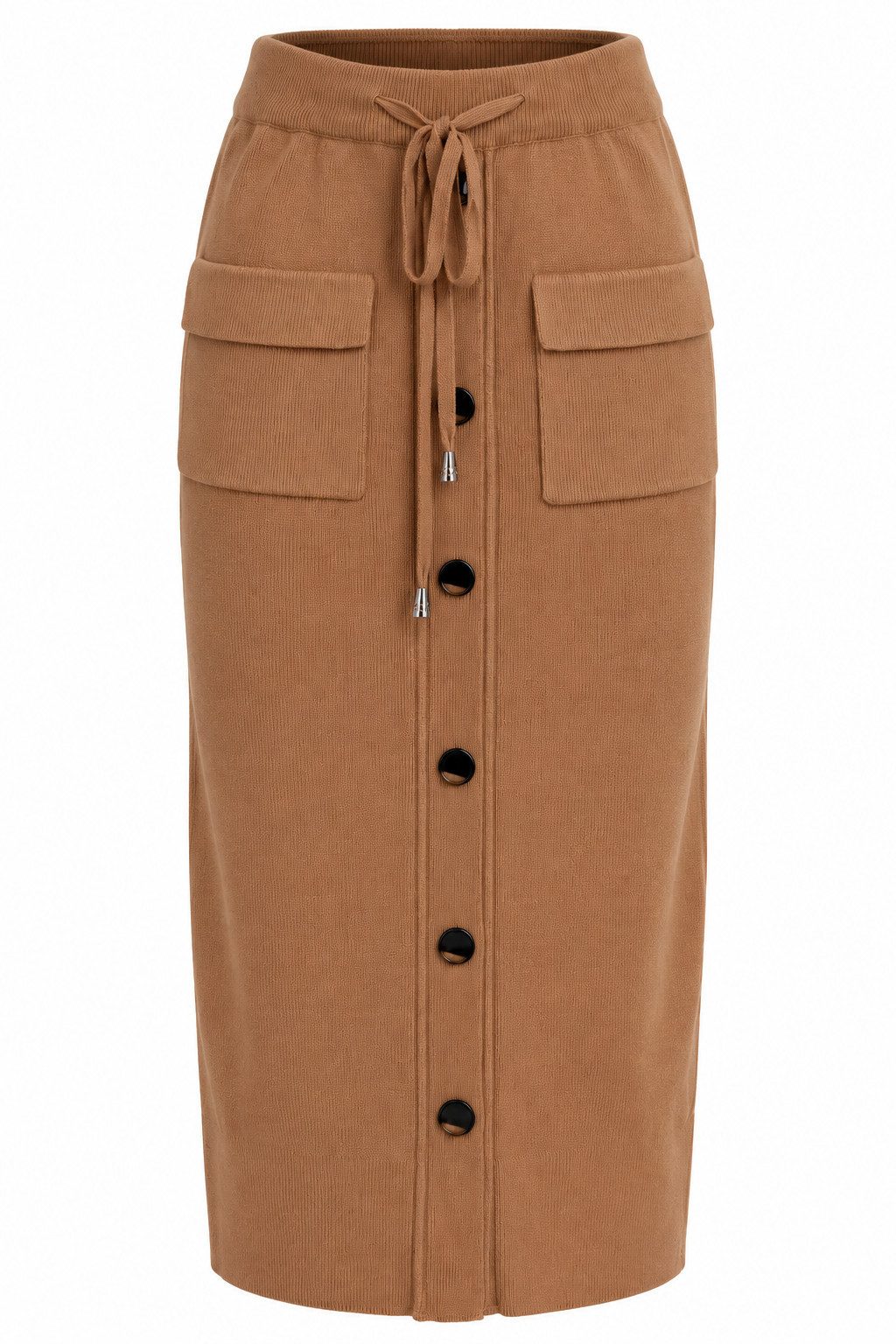 Mississhop Midirock Damen Strickrock mit Knopfleiste, Bindeband und aufgesetzten Taschen