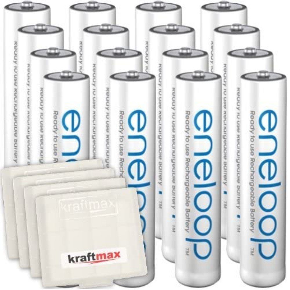 kraftmax 16er Pack Panasonic Eneloop AAA / Micro Akkus Akku Micro AAA 800 mAh (1,2 V V, 1 St), bis zu 2100 Ladezyklen
