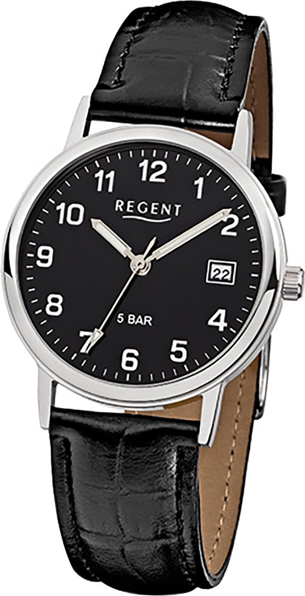 Regent Quarzuhr Regent Leder Herren Uhr F-792 Quarzuhr, Herrenuhr Lederarmband schwarz, rundes Gehäuse, mittel (ca. 34mm)